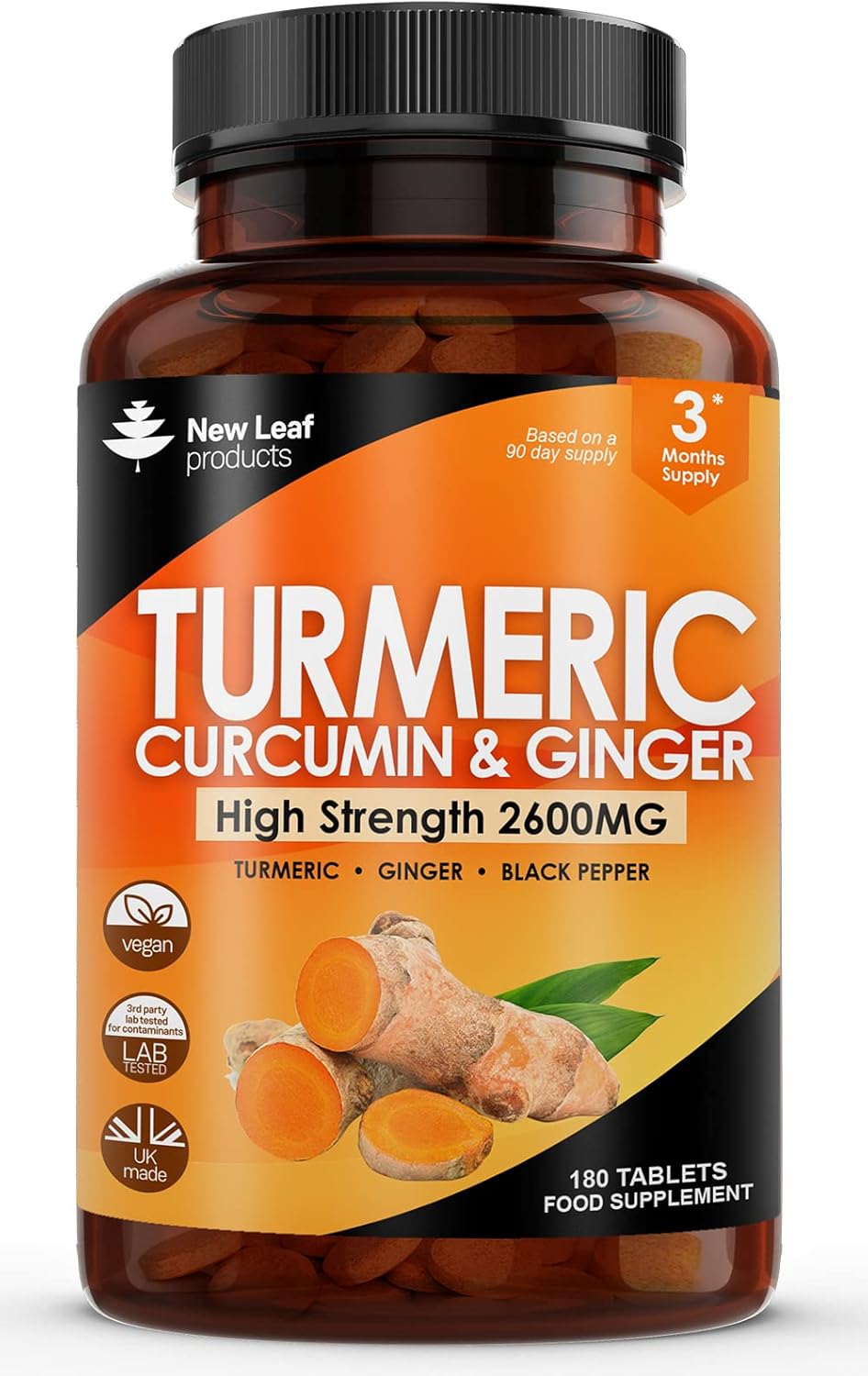 Turmeric Tablets 2600mg with Black Pepper & Ginger - 95% Curcumin Extract 180 and (3 Month) High Strength Active Supplements Not Capsules,by New Leaf-0