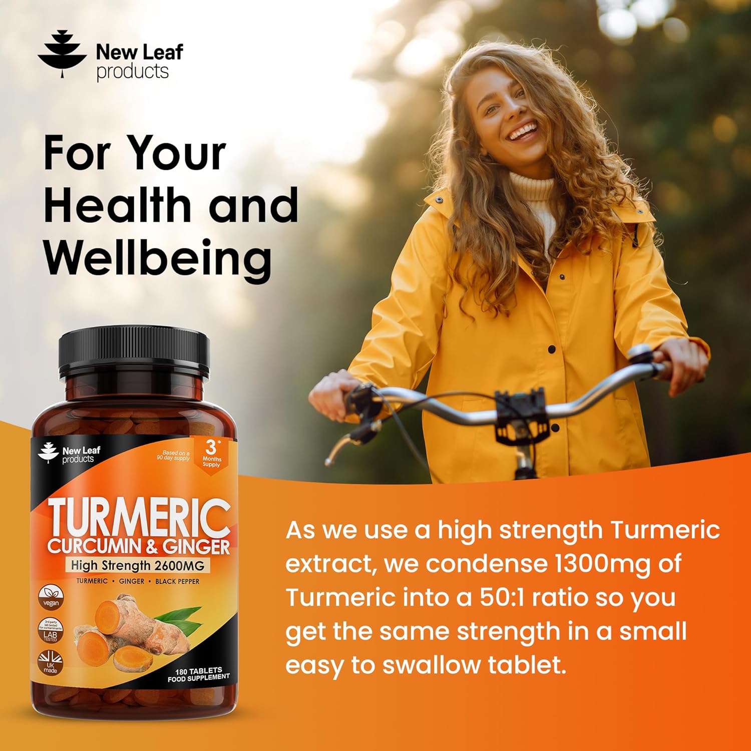 Turmeric Tablets 2600mg with Black Pepper & Ginger - 95% Curcumin Extract 180 and (3 Month) High Strength Active Supplements Not Capsules,by New Leaf-2