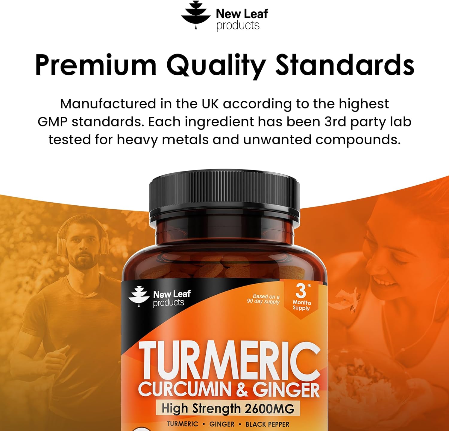 Turmeric Tablets 2600mg with Black Pepper & Ginger - 95% Curcumin Extract 180 and (3 Month) High Strength Active Supplements Not Capsules,by New Leaf-4