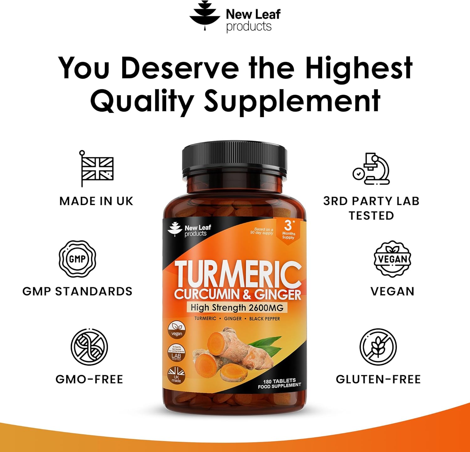 Turmeric Tablets 2600mg with Black Pepper & Ginger - 95% Curcumin Extract 180 and (3 Month) High Strength Active Supplements Not Capsules,by New Leaf-5