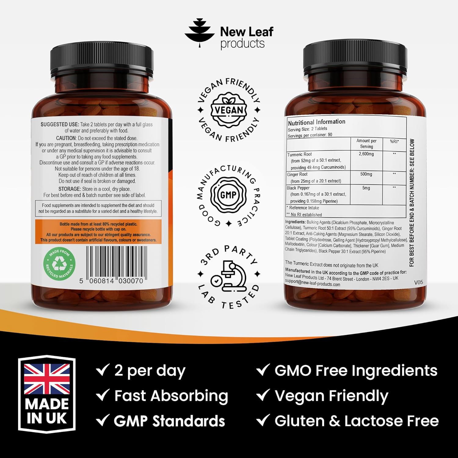 Turmeric Tablets 2600mg with Black Pepper & Ginger - 95% Curcumin Extract 180 and (3 Month) High Strength Active Supplements Not Capsules,by New Leaf-6