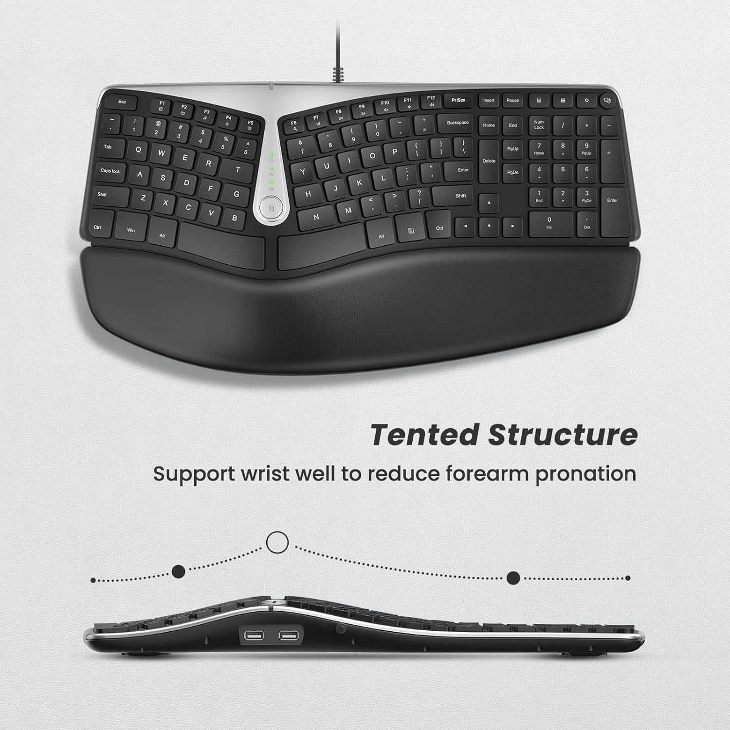 Nulea RT02 Ergonomic Keyboard, Wired Split Keyboard with Pillowed Wrist and Palm Support, Featuring Dual USB Ports, Natural Typing Keyboard for Carpal Tunnel, Compatible with Windows Mac-1