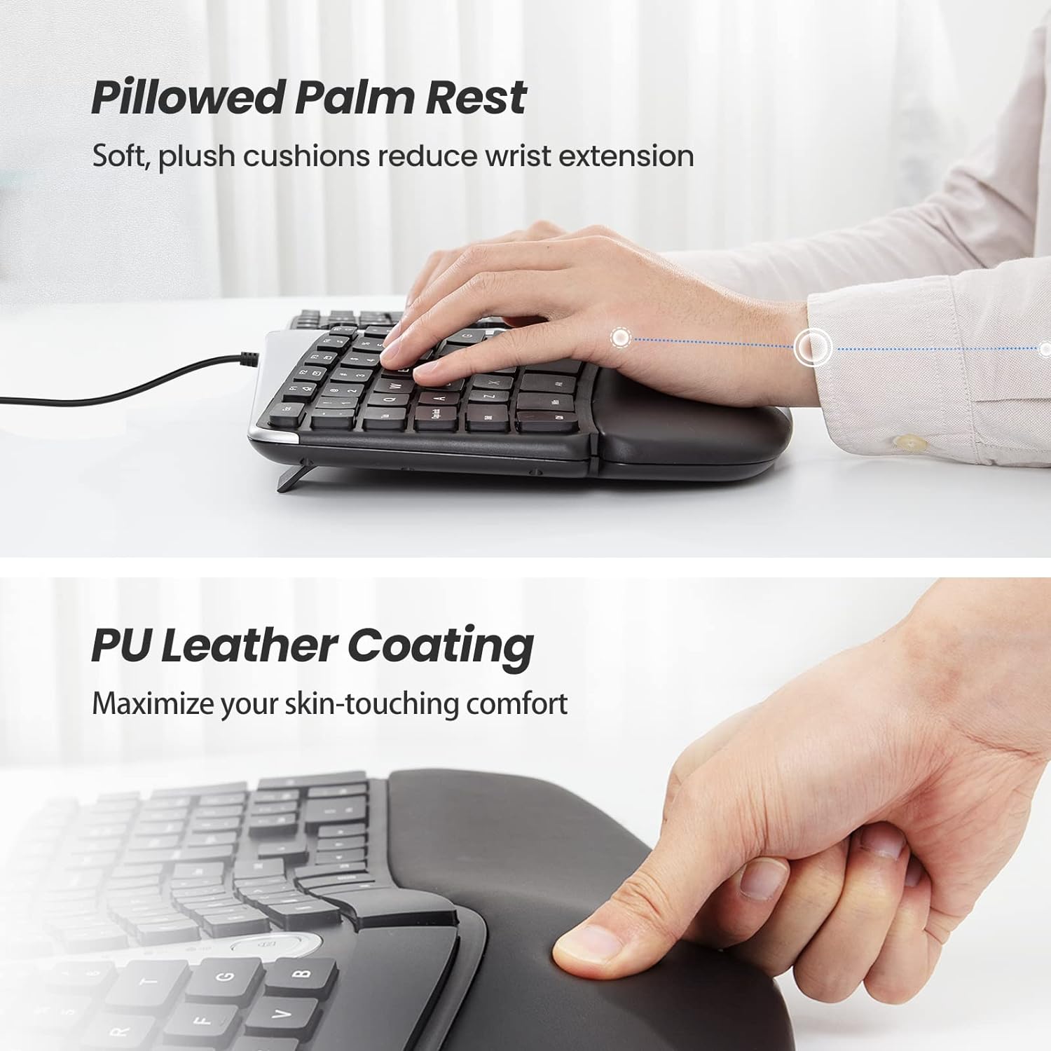 Nulea RT02 Ergonomic Keyboard, Wired Split Keyboard with Pillowed Wrist and Palm Support, Featuring Dual USB Ports, Natural Typing Keyboard for Carpal Tunnel, Compatible with Windows Mac-3