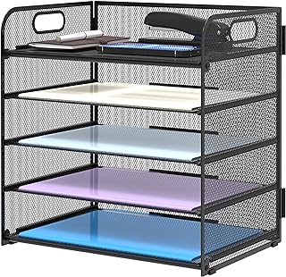 Supeasy 5 Trays Paper Organizer with Handle - Mesh Desk File/Letter Organizer,Black Paper Sorter for Office, Home or School