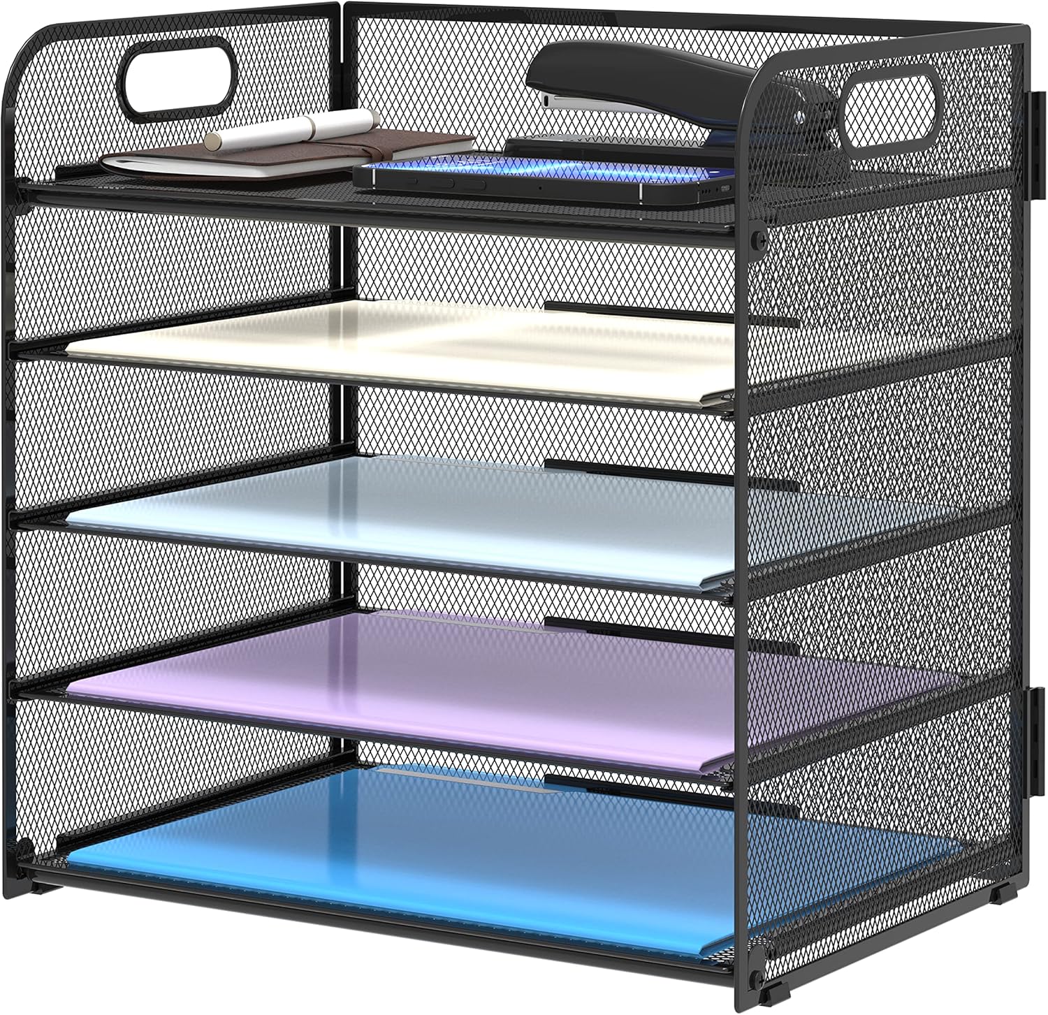 Supeasy 5 Trays Paper Organizer with Handle - Mesh Desk File/Letter Organizer,Black Paper Sorter for Office, Home or School-0