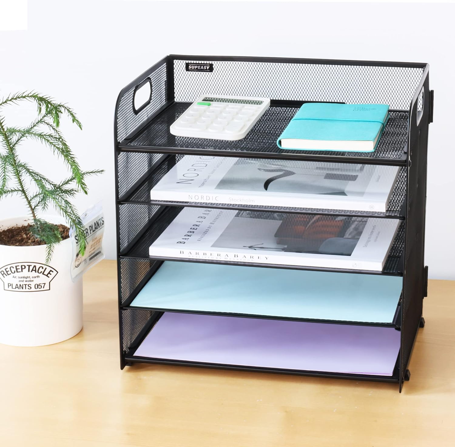 Supeasy 5 Trays Paper Organizer with Handle - Mesh Desk File/Letter Organizer,Black Paper Sorter for Office, Home or School-7