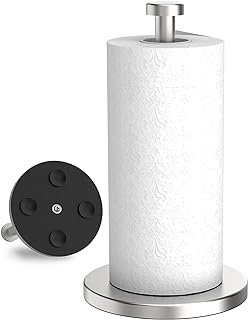 VEHHE Paper Towel Holder Countertop, Standing Paper Towel Roll Holder for Kitchen Bathroom, Paper Towel Holder Stand with Weighted Base Suction Cups, Stainless Steel Paper Towel Holder (Silver)