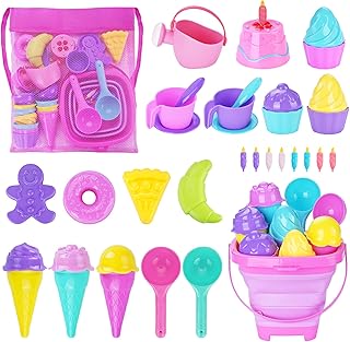 Ice Cream Beach Toys Sand Toys Set for Kids, Collapsible Sand Bucket and Shovels Set with Mesh Bag, Sand Molds, Watering Can, Sandbox Toys for Kids and Toddlers, Travel Sand Toys for Beach