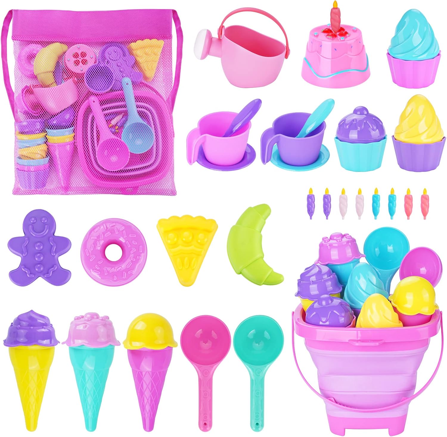 Ice Cream Beach Toys Sand Toys Set for Kids, Collapsible Sand Bucket and Shovels Set with Mesh Bag, Sand Molds, Watering Can, Sandbox Toys for Kids and Toddlers, Travel Sand Toys for Beach-0