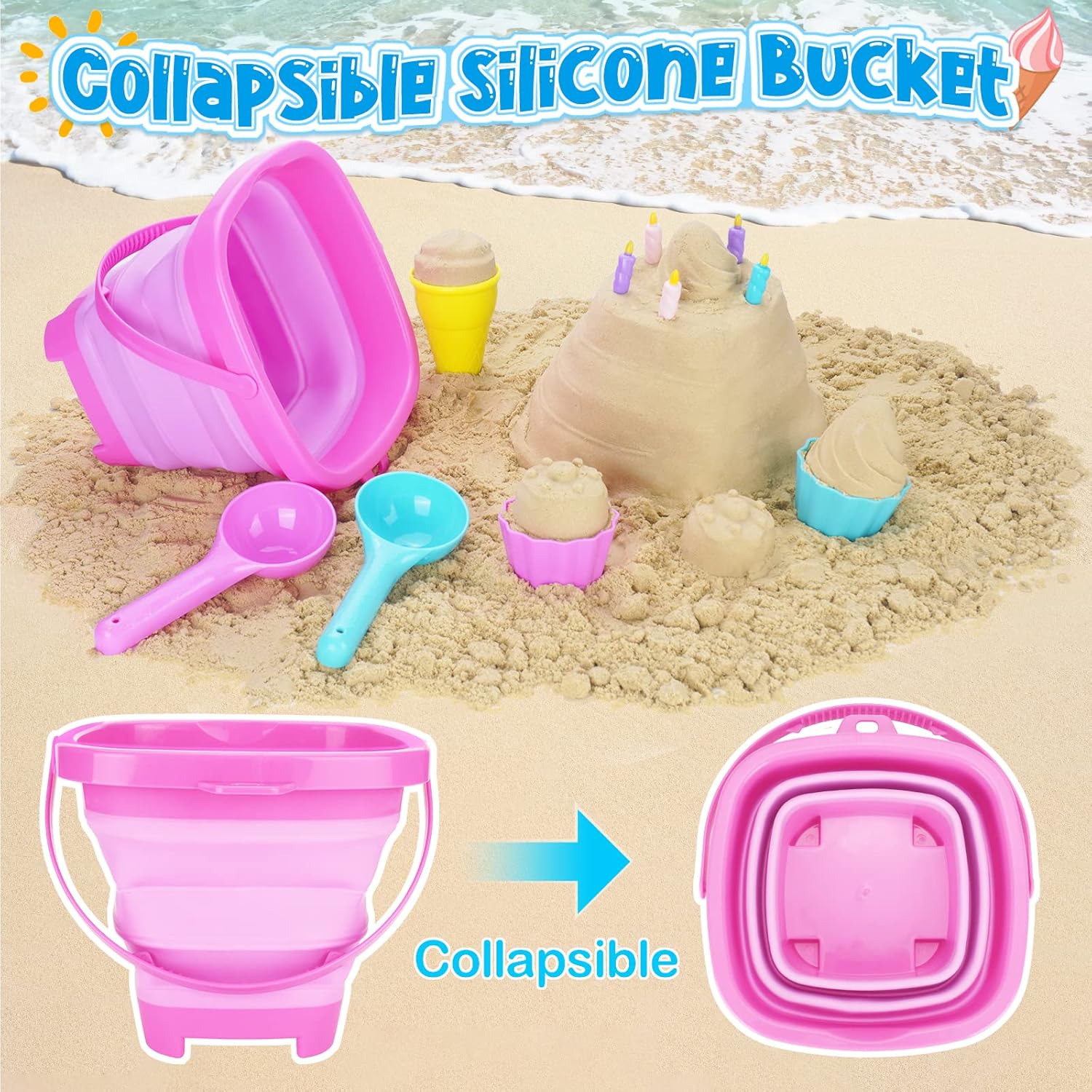 Ice Cream Beach Toys Sand Toys Set for Kids, Collapsible Sand Bucket and Shovels Set with Mesh Bag, Sand Molds, Watering Can, Sandbox Toys for Kids and Toddlers, Travel Sand Toys for Beach-1