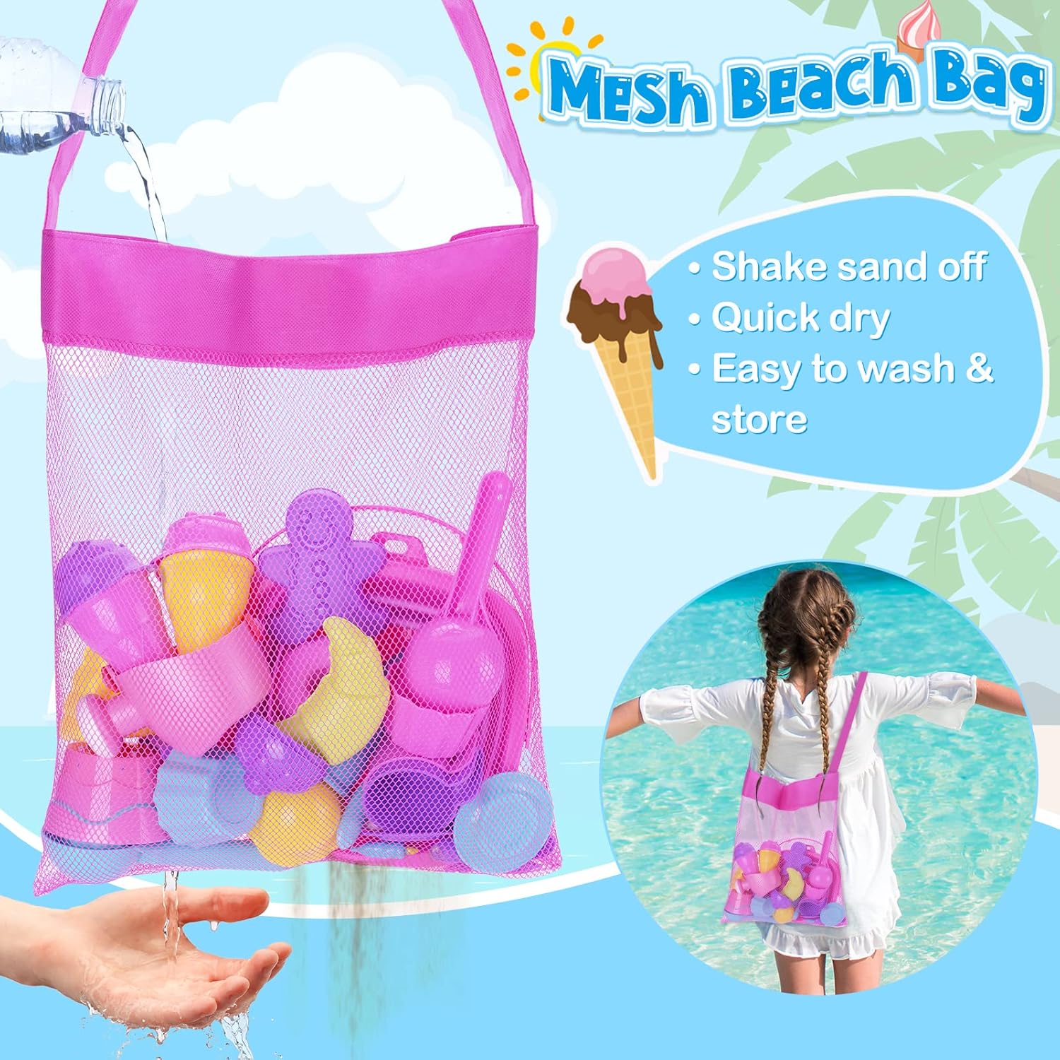 Ice Cream Beach Toys Sand Toys Set for Kids, Collapsible Sand Bucket and Shovels Set with Mesh Bag, Sand Molds, Watering Can, Sandbox Toys for Kids and Toddlers, Travel Sand Toys for Beach-2