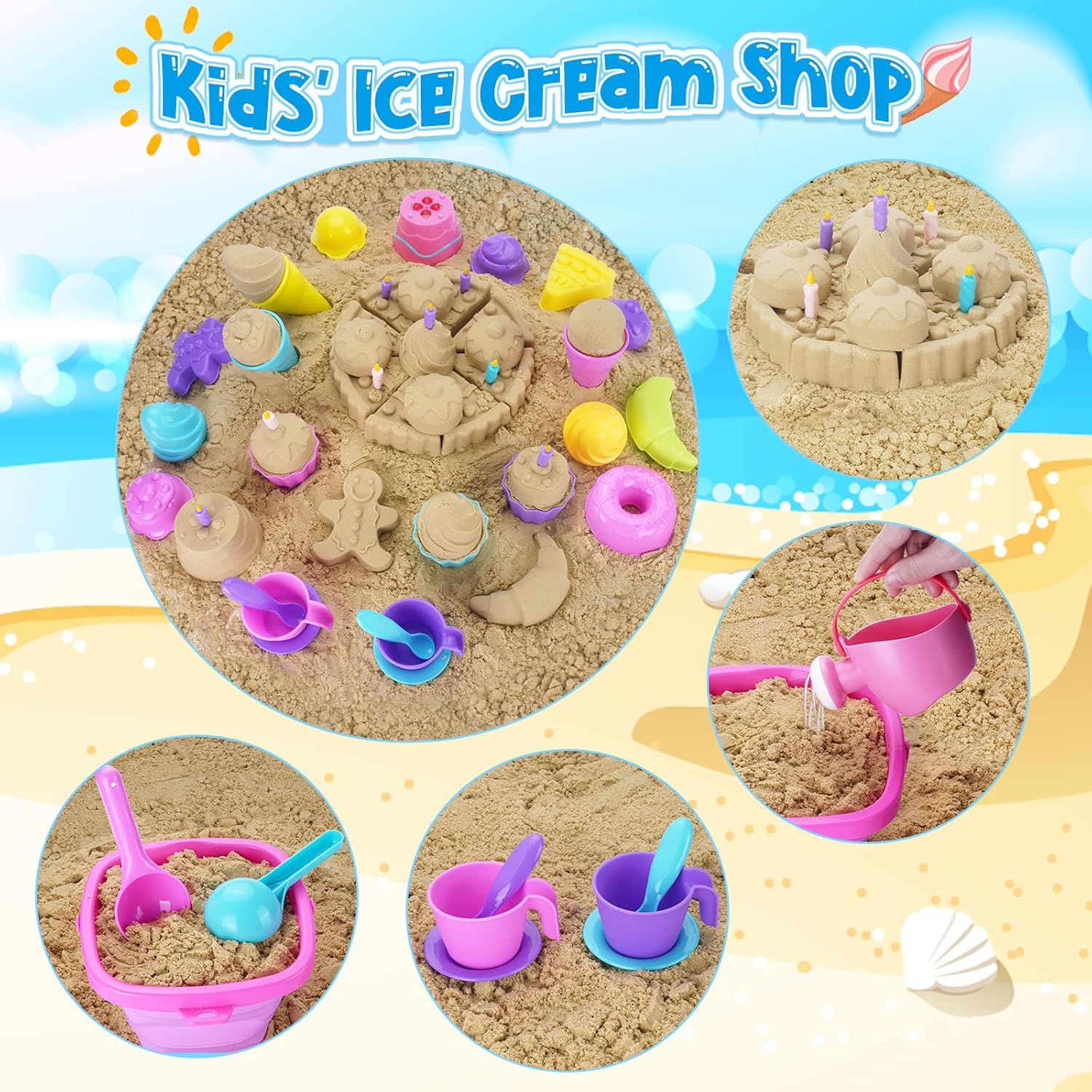 Ice Cream Beach Toys Sand Toys Set for Kids, Collapsible Sand Bucket and Shovels Set with Mesh Bag, Sand Molds, Watering Can, Sandbox Toys for Kids and Toddlers, Travel Sand Toys for Beach-4