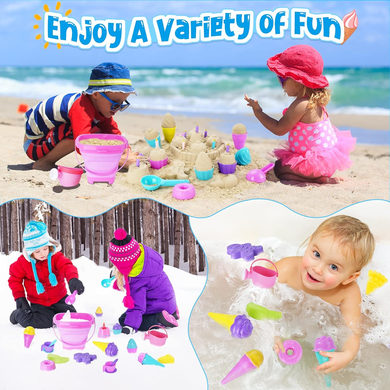 Ice Cream Beach Toys Sand Toys Set for Kids, Collapsible Sand Bucket and Shovels Set with Mesh Bag, Sand Molds, Watering Can, Sandbox Toys for Kids and Toddlers, Travel Sand Toys for Beach-5