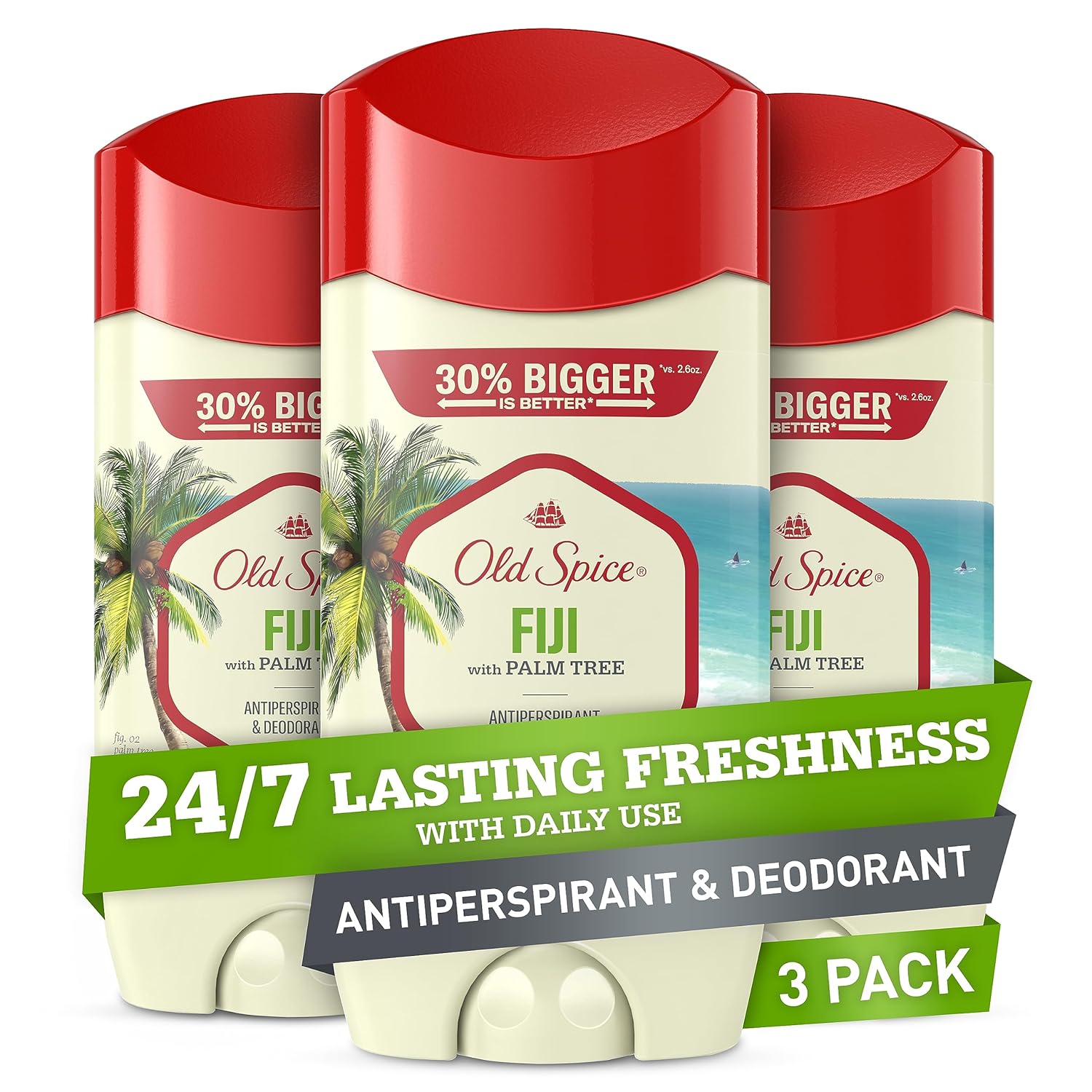 Old Spice Men's Antiperspirant & Deodorant, 24/7 Lasting Freshness, Advanced Sweat & Odor Protection with Skin Conditioners, Invisible Solid, Fiji with Palm Tree Scent, 3.4 oz (Pack of 3)-0