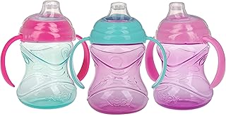 Nuby Clik-It Grip N' Sip Soft Spout No-Spill Training Sippy Cup with Handles - (3-Pack) 10 oz - 4+ Months - Aqua/Purple/Pink