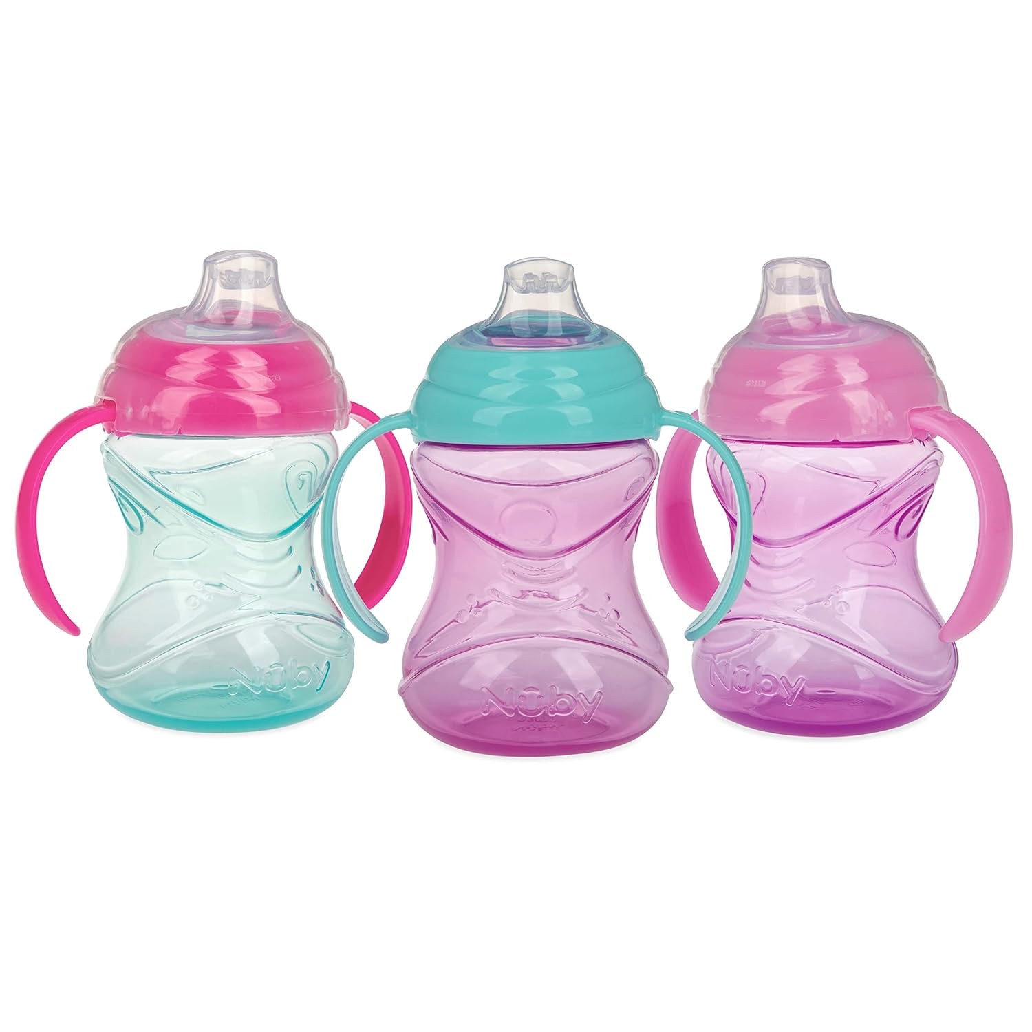 Nuby Clik-It Grip N' Sip Soft Spout No-Spill Training Sippy Cup with Handles - (3-Pack) 10 oz - 4+ Months - Aqua/Purple/Pink-0