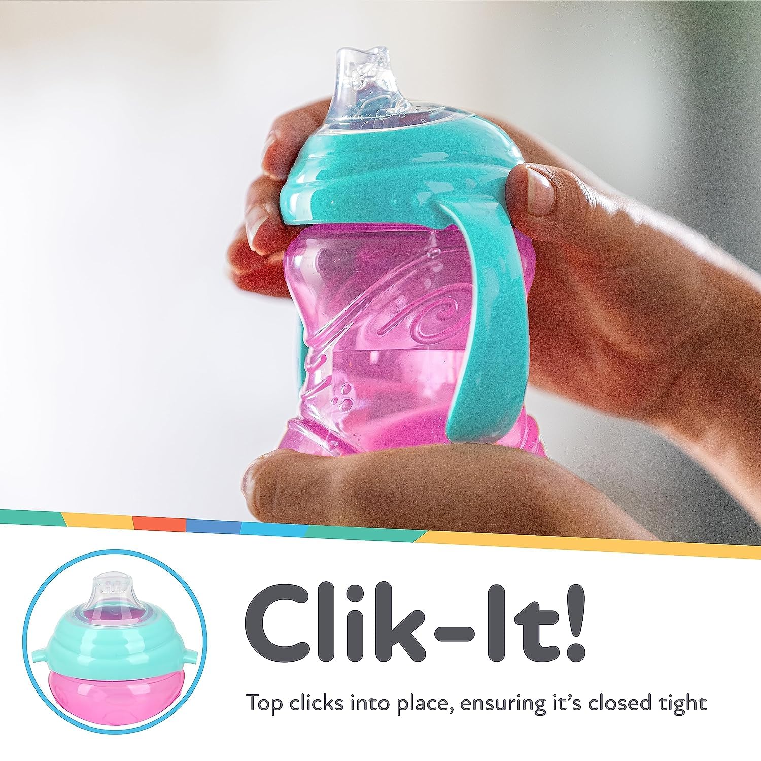 Nuby Clik-It Grip N' Sip Soft Spout No-Spill Training Sippy Cup with Handles - (3-Pack) 10 oz - 4+ Months - Aqua/Purple/Pink-2