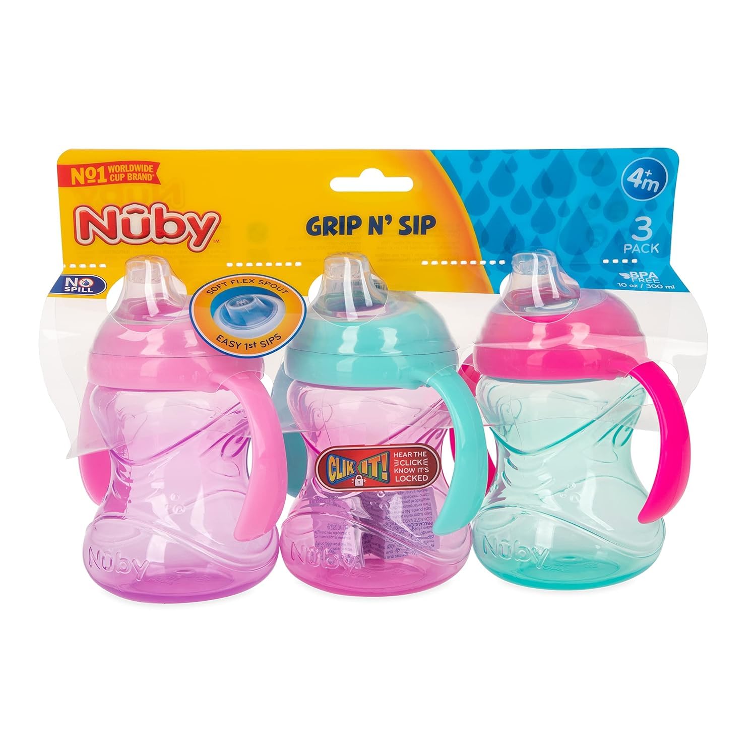 Nuby Clik-It Grip N' Sip Soft Spout No-Spill Training Sippy Cup with Handles - (3-Pack) 10 oz - 4+ Months - Aqua/Purple/Pink-8