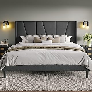 Allewie Queen Size Platform Bed Frame with Geometric Wingback Headboard, Modern Upholstered Bed with Wooden Slats Support, No Box Spring Needed, Easy Assembly, Dark Grey