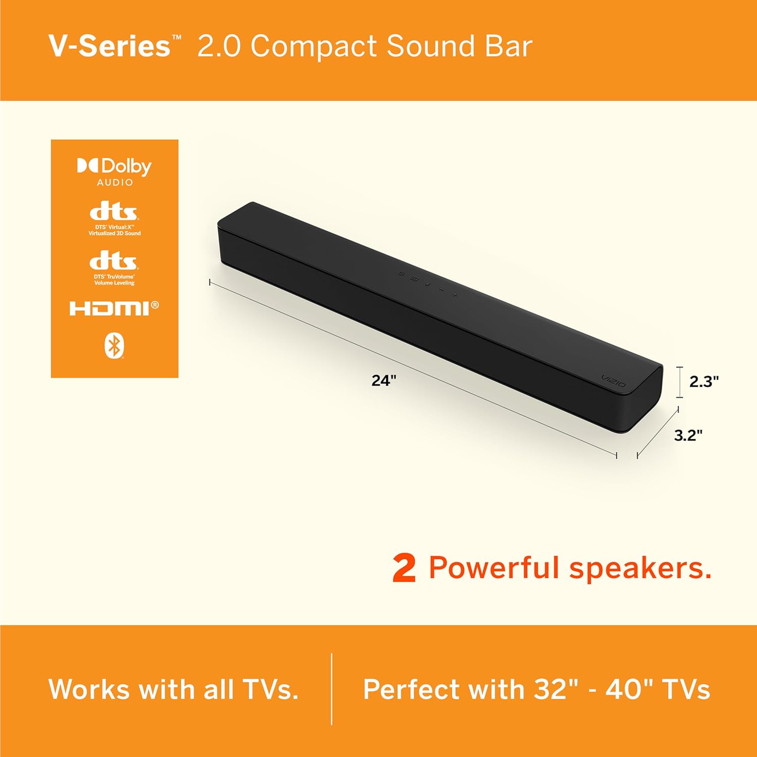 VIZIO V-Series 2.0 Compact Sound Bar with Dolby Audio, DTS:X, Bluetooth V20x-J8-1