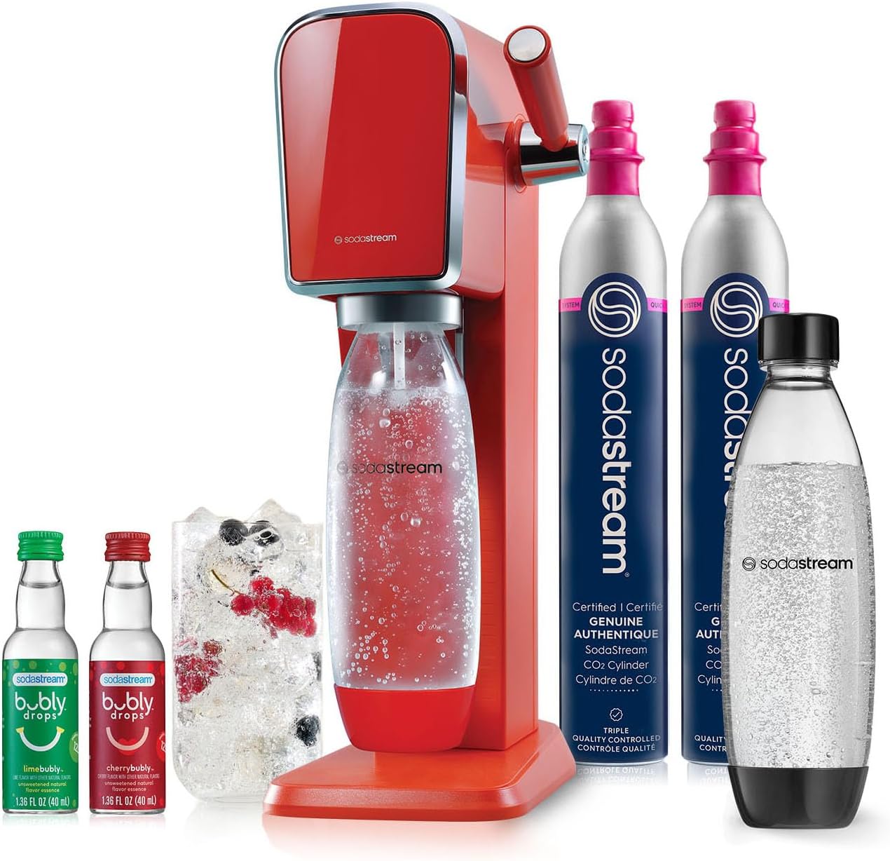 SodaStream Art Sparkling Water Maker Bundle (Mandarin Red), with CO2, DWS Bottles, and Bubly Drops Flavors-0