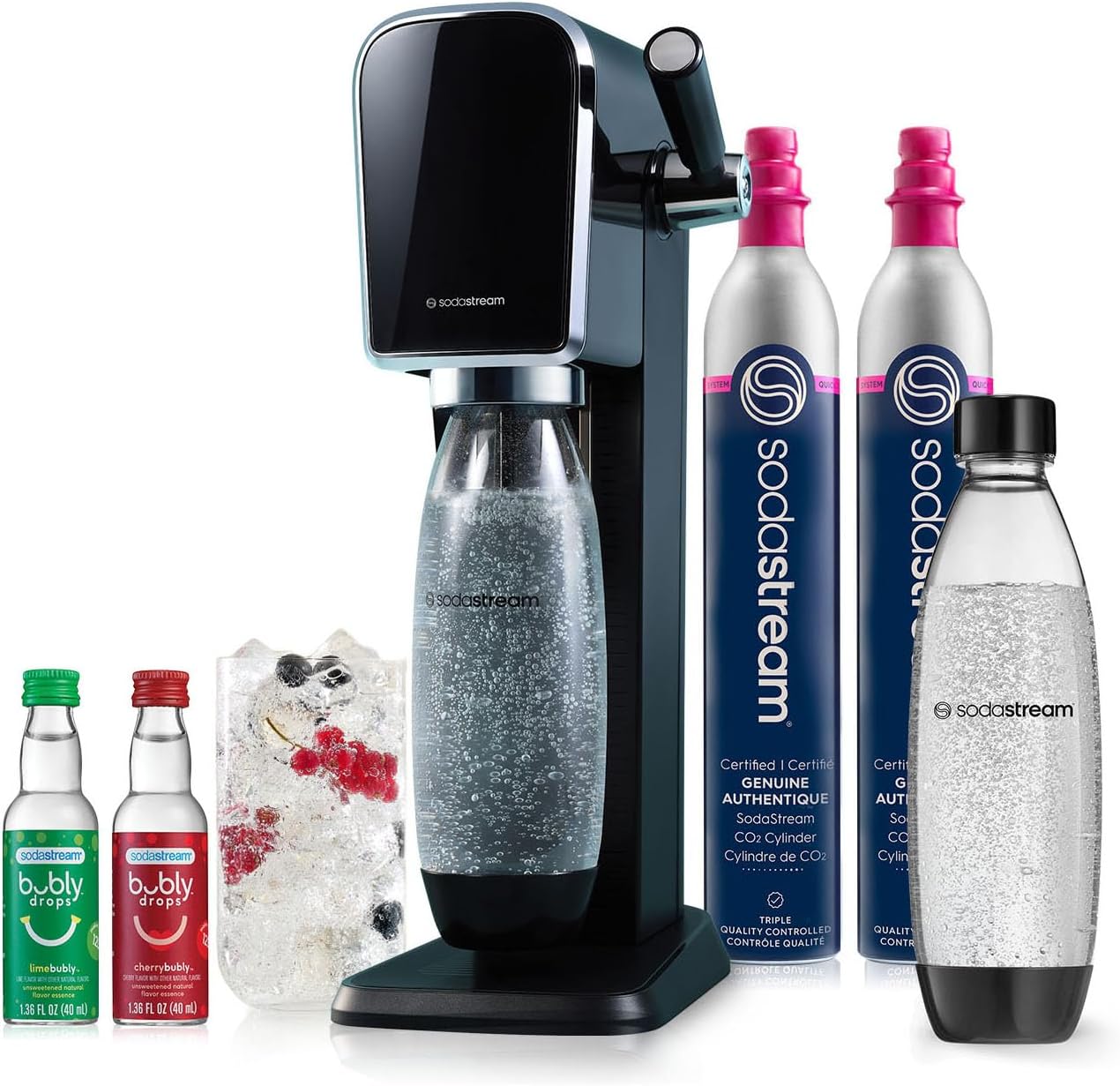 SodaStream Art Sparkling Water Maker Bundle (Black), with CO2, DWS Bottles, and Bubly Drops Flavors-0