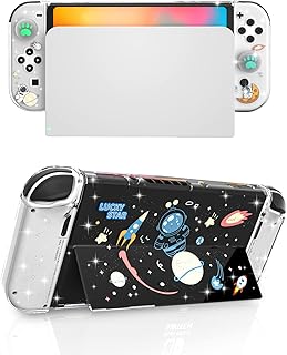 ECHZOVE Switch OLED Protective Case, Hard PC Cover Compatible with Switch OLED Console and TPU Shell for Joy Con Controller with Tempered Glass Screen Protector and Thumb Grip Caps-Astronaut