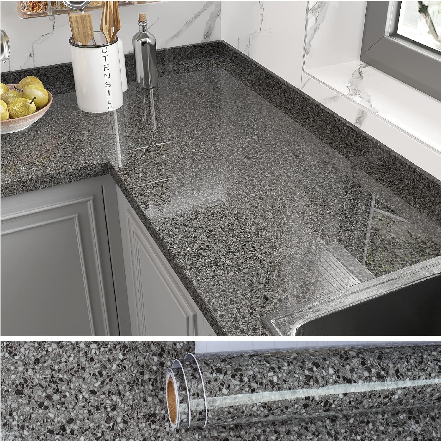 VEELIKE 15.7''x 118'' Granite Contact Paper for Kitchen Countertops Waterproof Marble Contact Paper Peel and Stick for Bathroom Counter Top Self Adhesive Vinyl-0