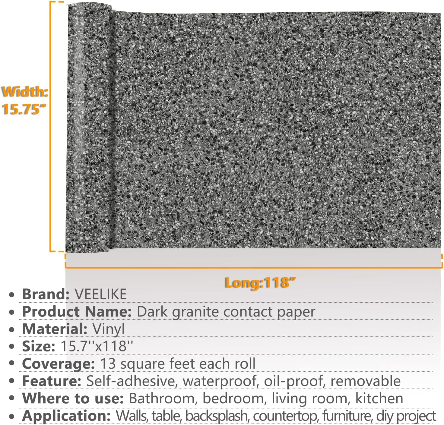 VEELIKE 15.7''x 118'' Granite Contact Paper for Kitchen Countertops Waterproof Marble Contact Paper Peel and Stick for Bathroom Counter Top Self Adhesive Vinyl-8