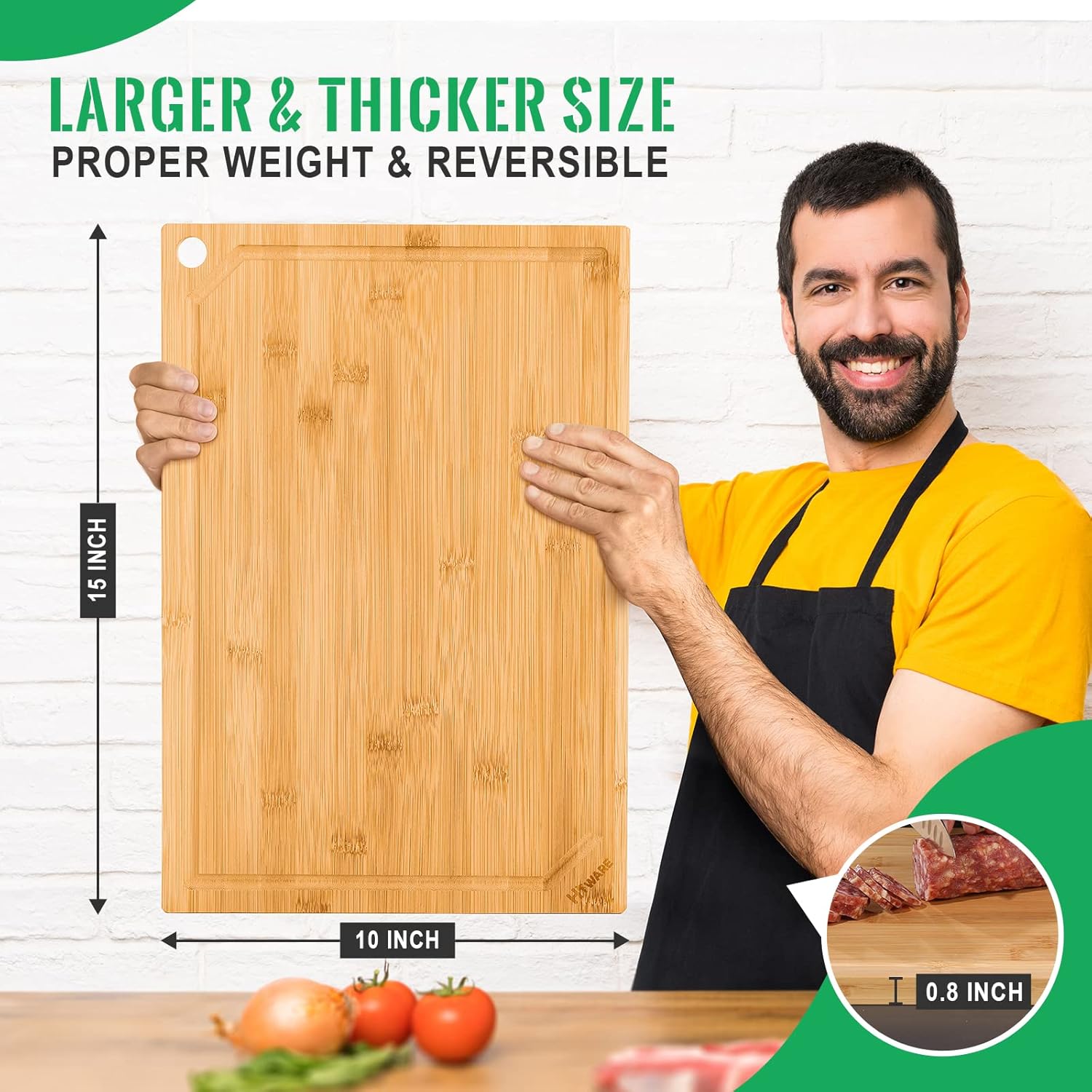 Hiware Bamboo Cutting Board for Kitchen, Heavy Duty Wood Cutting Board with Juice Groove, 100% Organic Bamboo, Pre Oiled, 15" x 10"-1