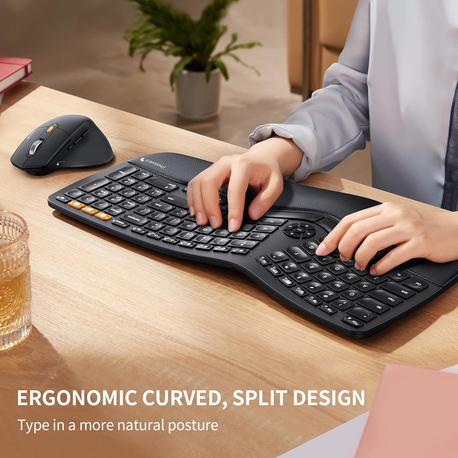 ProtoArc Ergonomic Wireless Keyboard Mouse, EKM01 Ergo Bluetooth Keyboard and Mouse Combo, Split Design, Palm Rest, Multi-Device, Rechargeable, Windows/Mac/Android (Black)-1