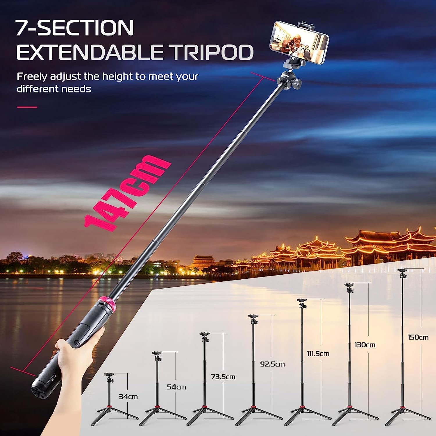 ULANZI MT-44 Extendable Phone Tripod, 59" Selfie Stick Phone Vlog Tripod Stand with 2 in 1 Phone Clip, 360° Ball Head Camera Tripod for iPhone Sony Canon GoPro, Lightweight for Travel-3