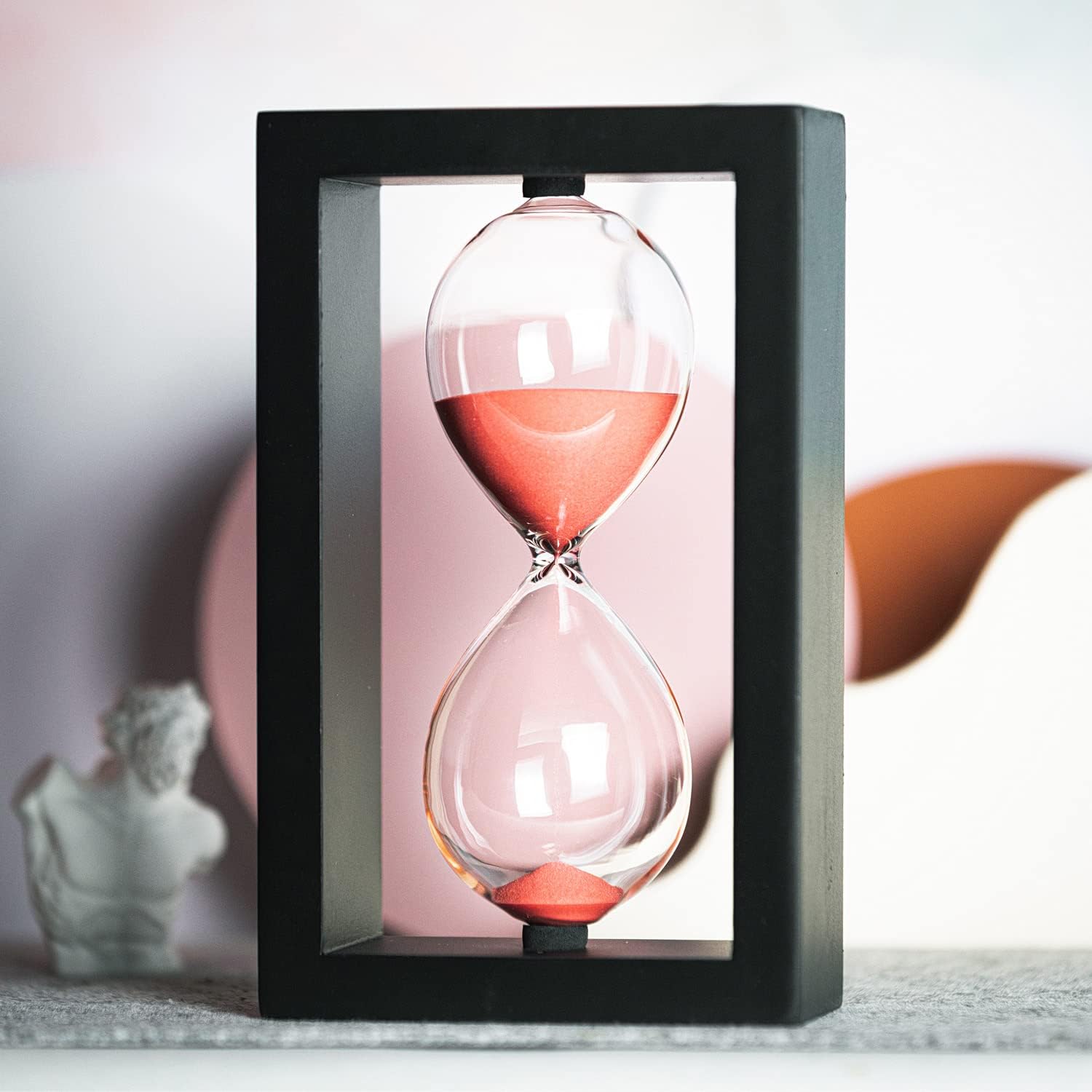 Hourglass 60 Minute Decorative Sand Timer, Black Wooden Frame Red Sand Clock-0