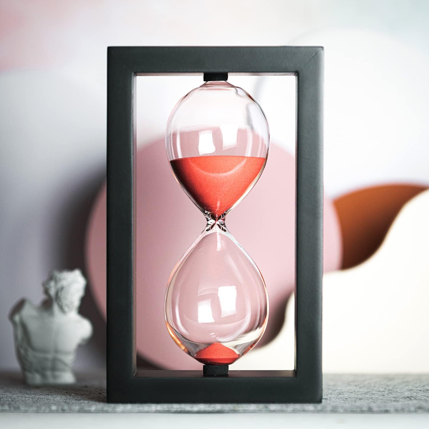 Hourglass 60 Minute Decorative Sand Timer, Black Wooden Frame Red Sand Clock-1