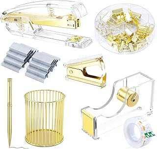 BOMEI PACK Desk Accessory Kit, Stapler and Staple Remover with 1000 Staples, Tape Dispenser with 1Rolls Transparent Tape, 1 Pen and Pencil Holder, Binder Clips, Paper Clips