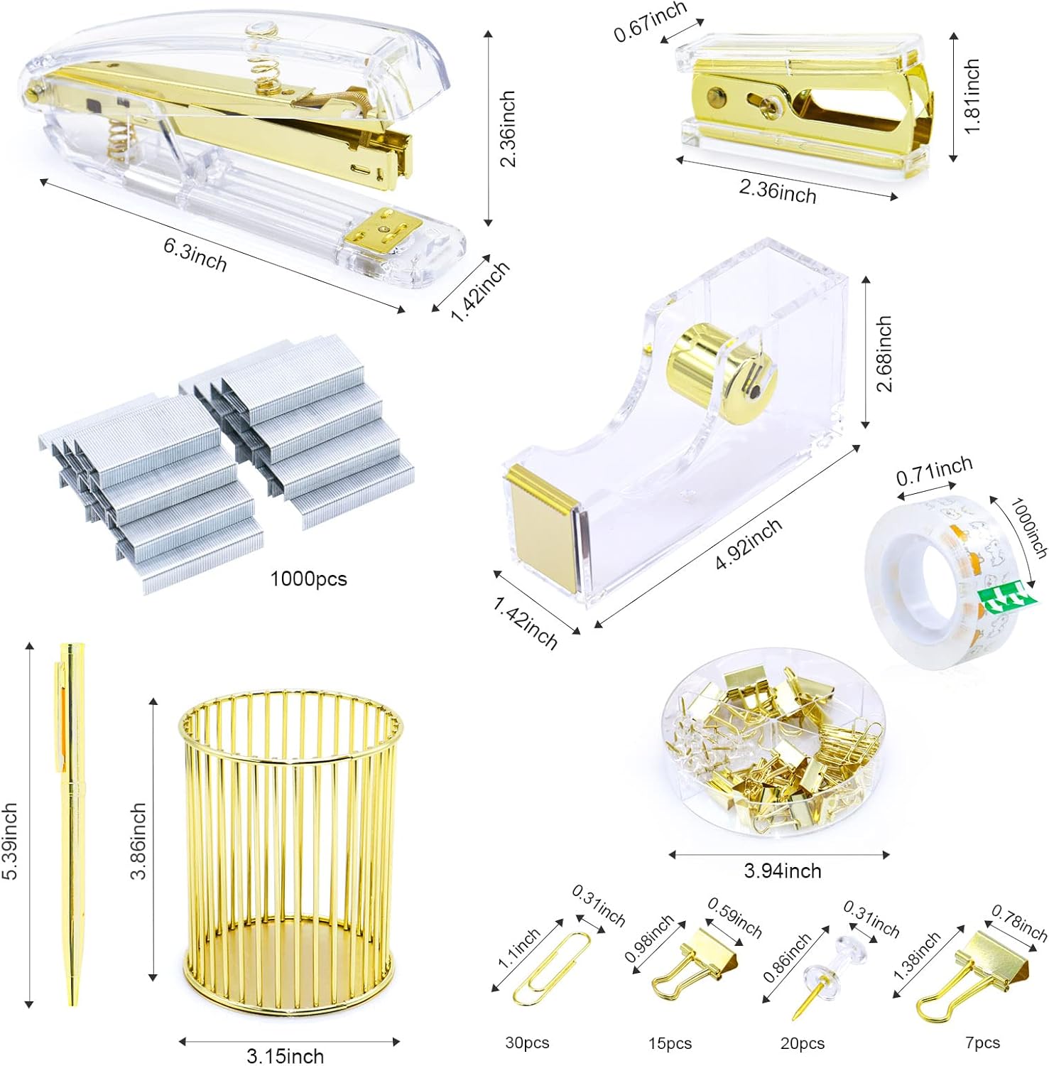 BOMEI PACK Desk Accessory Kit, Stapler and Staple Remover with 1000 Staples, Tape Dispenser with 1Rolls Transparent Tape, 1 Pen and Pencil Holder, Binder Clips, Paper Clips-2