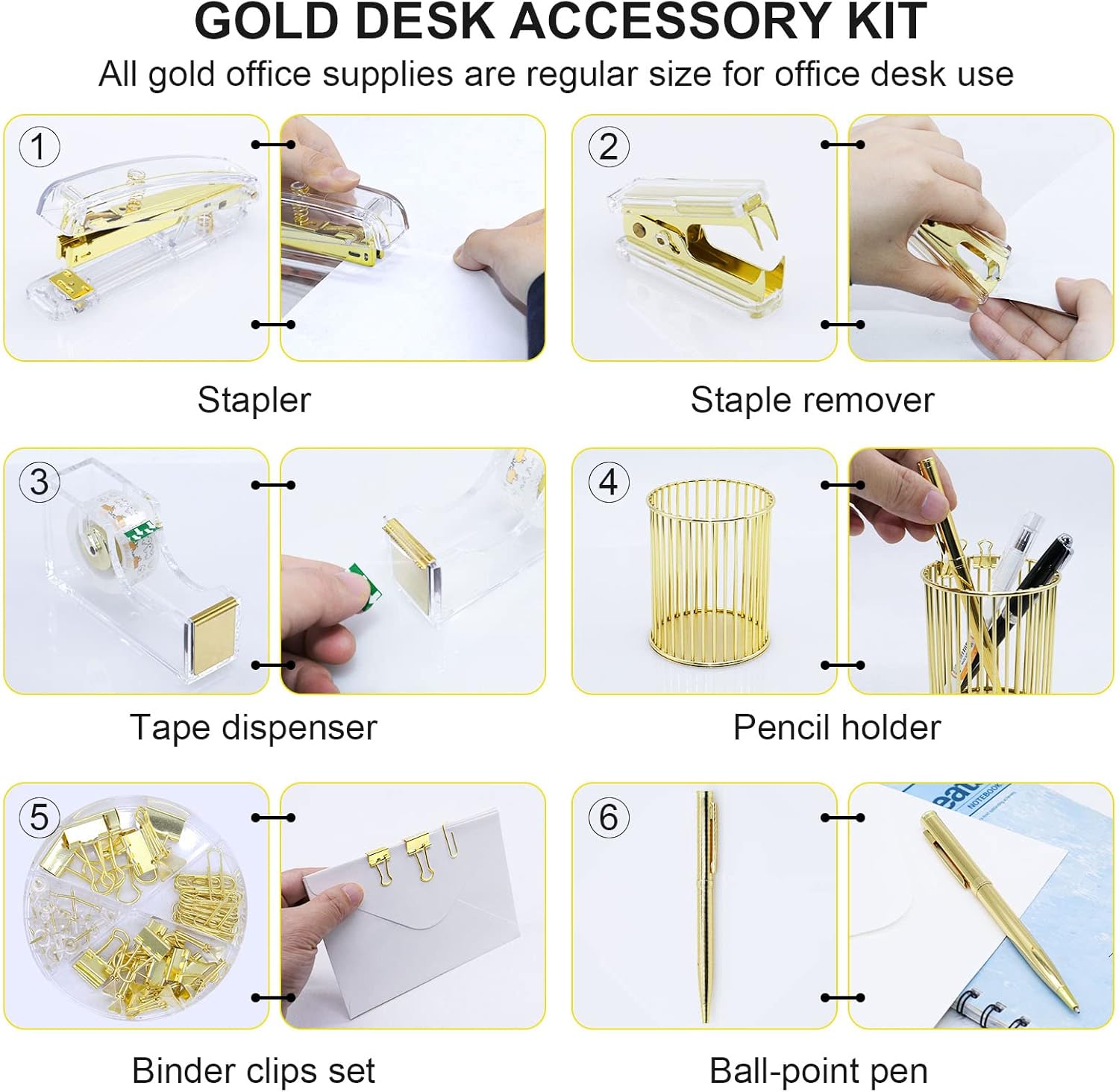 BOMEI PACK Desk Accessory Kit, Stapler and Staple Remover with 1000 Staples, Tape Dispenser with 1Rolls Transparent Tape, 1 Pen and Pencil Holder, Binder Clips, Paper Clips-3