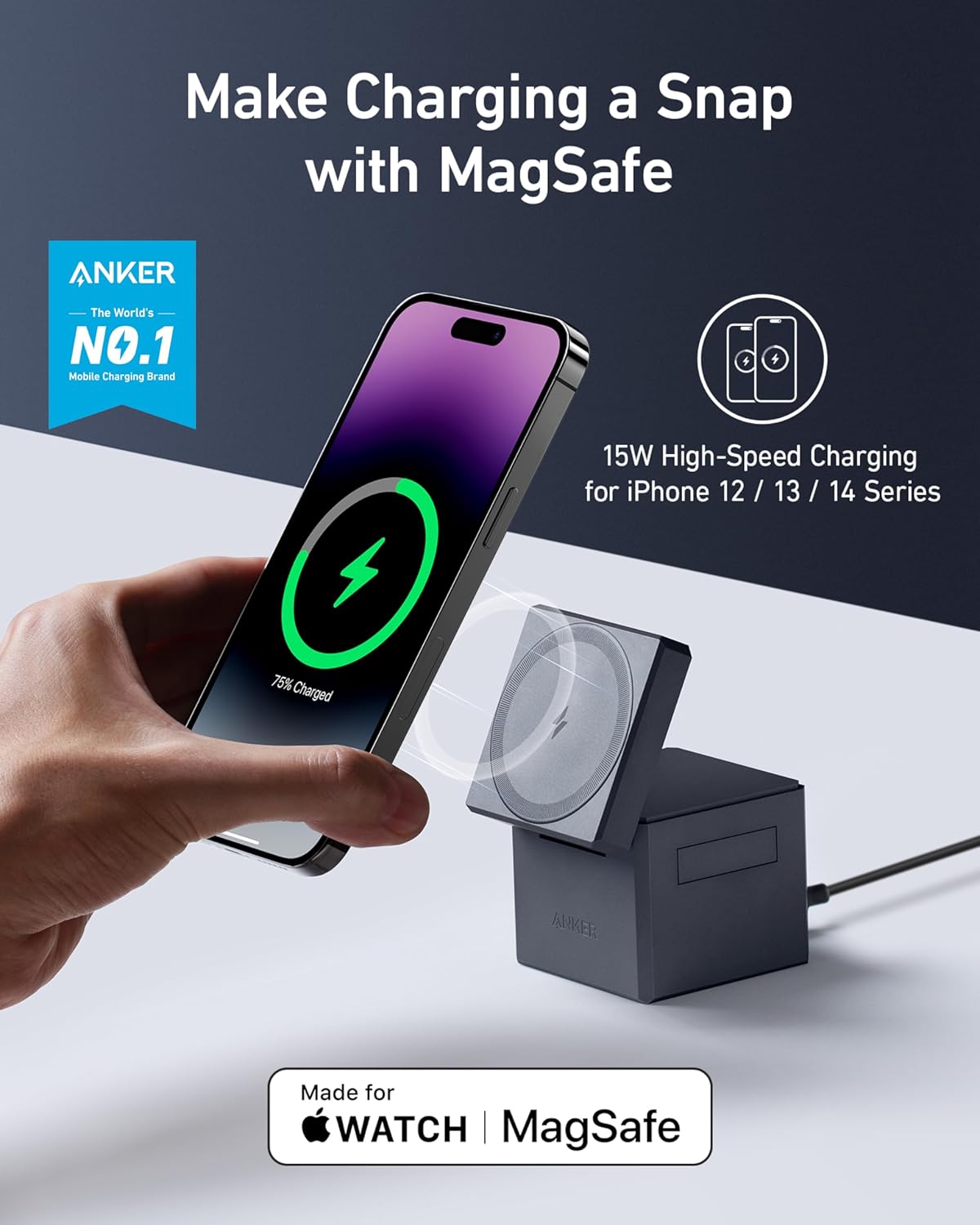 Anker MagSafe Charger Stand, Wireless Charger, 3-in-1 Cube, 15W Foldable Fast Charging for iPhone 16/15/14/13, Apple Watch, AirPods (Charger Included)-1