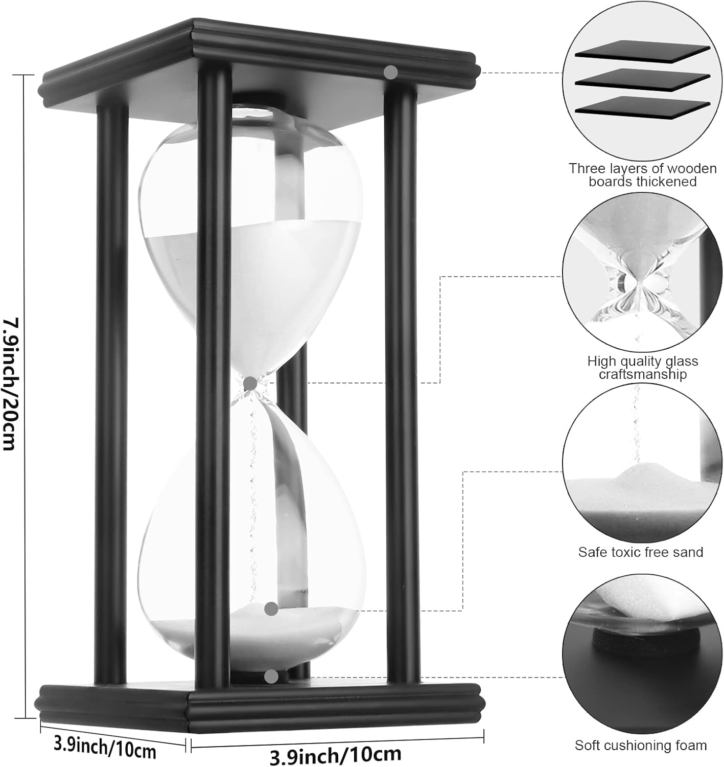 Hourglass Sand Timer,Black Wooden 30/45/60 Minute Sandglass Timer for Home,Desktop,Classroom Kitchen Restaurant Office living room decor (60 Min, White Sand)-2