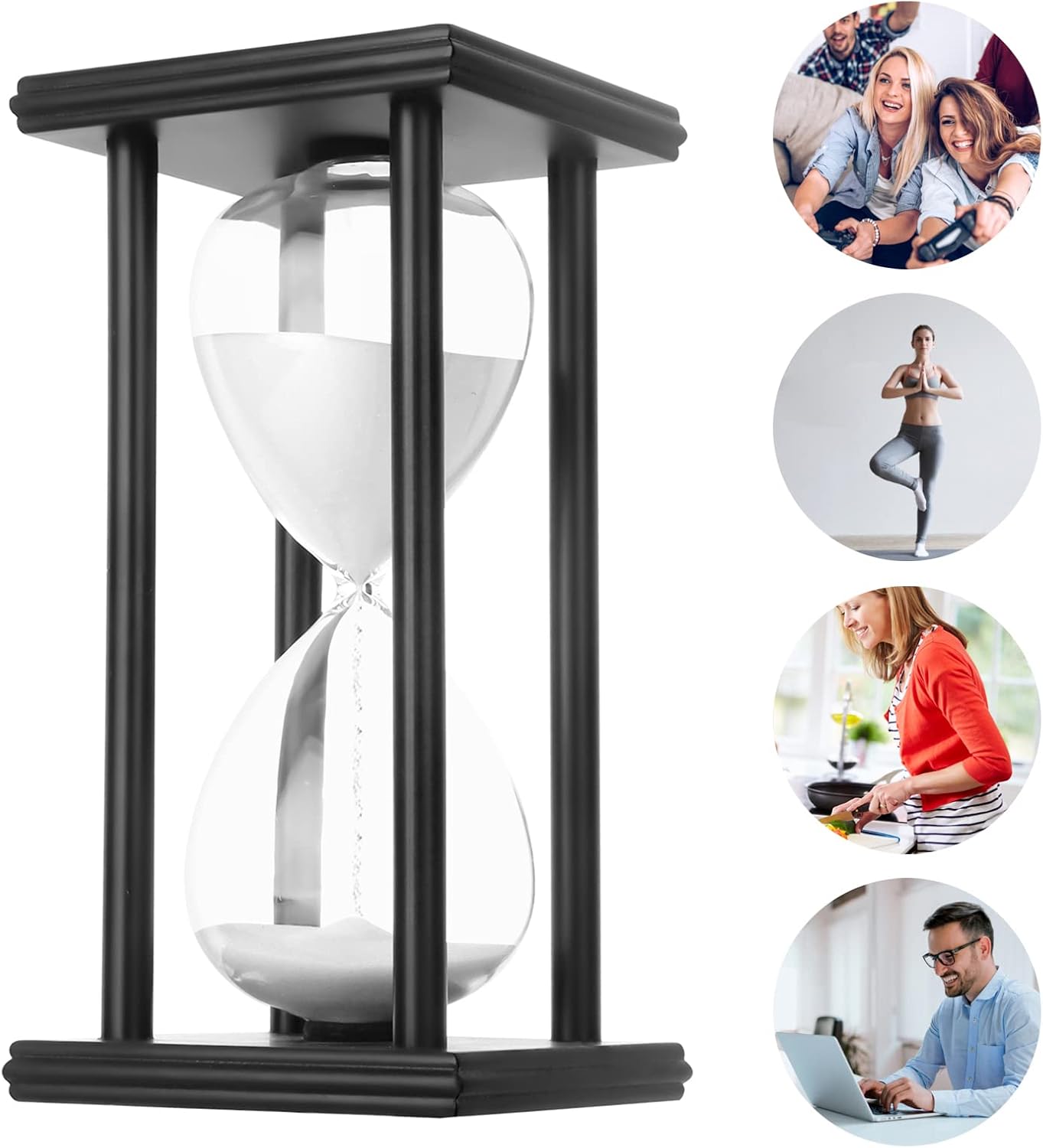 Hourglass Sand Timer,Black Wooden 30/45/60 Minute Sandglass Timer for Home,Desktop,Classroom Kitchen Restaurant Office living room decor (60 Min, White Sand)-7