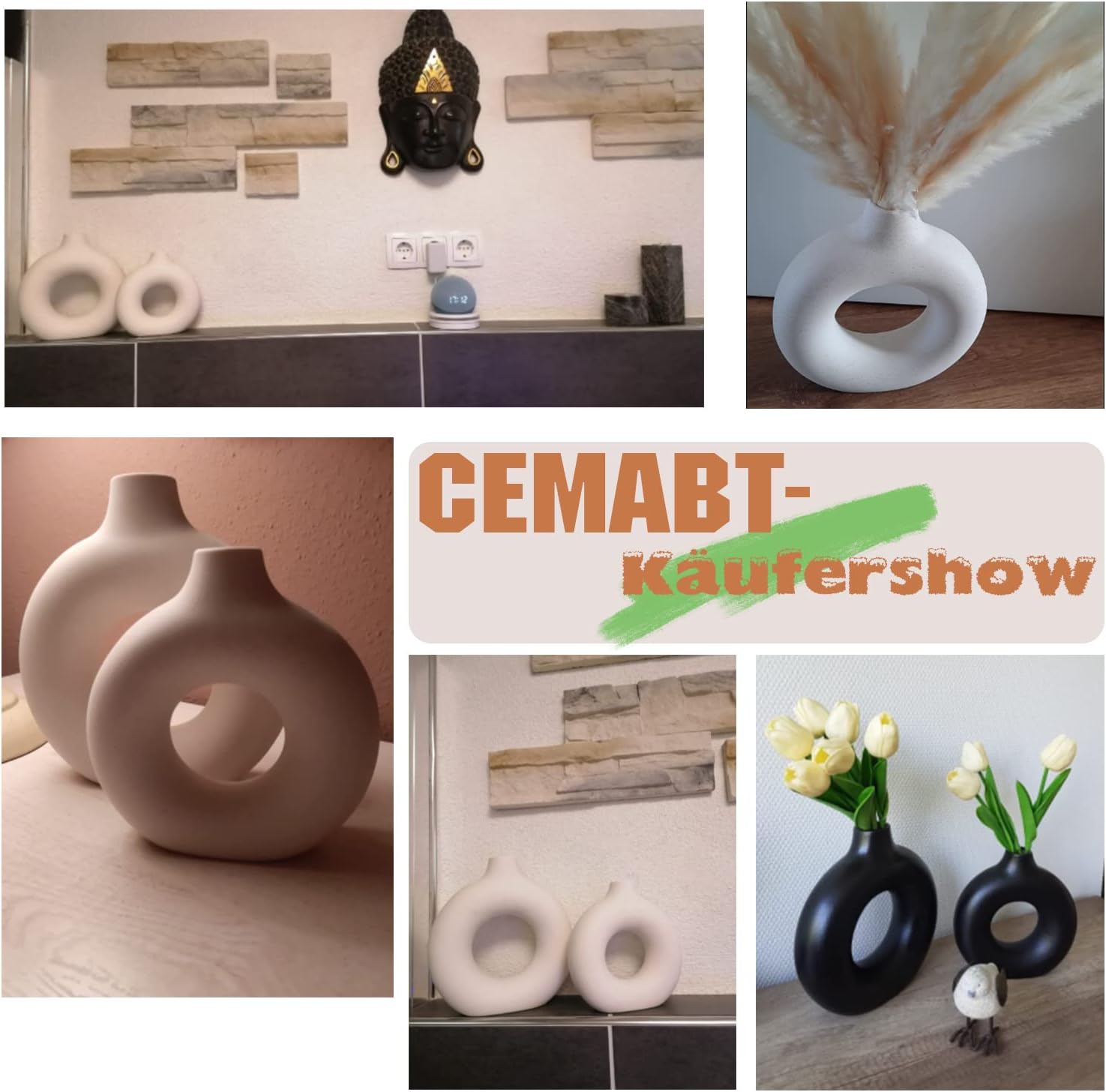 CEMABT White Donut Vase Hollow Ceramic Vase for Flowers Handmade Minimalist Boho ins Style Modern Home Decor for Wedding Dinner Table Party Living Room Office Bedroom(M)-4