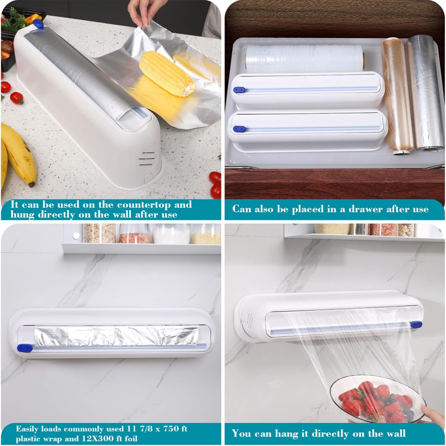 Wall Mount Plastic Wrap Dispenser with Cutter, Large Compatible 12 X 750 Ft Cling Film Saran Food Aluminum Foil Holder, Slide Chic Parchment Paper Dispenser (Single Suit)-2