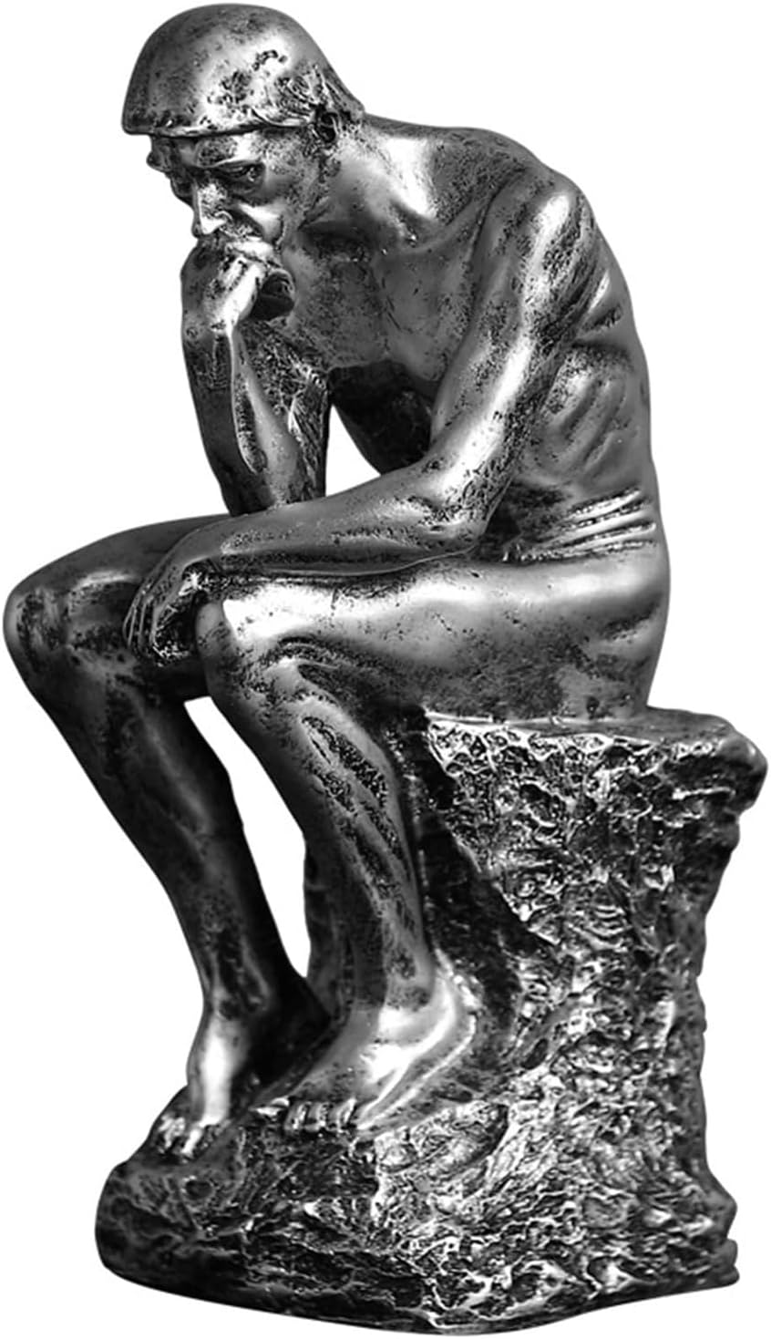 Thinker Statue in Premium Cold Cast Retro Bronze- 9.64-Inch Premium Grade Collectible Figurine Design Rodin's The Thinker Inspired Decorative Statue, 5.51''Lx4.13''Wx9.64''H (Silver)-0