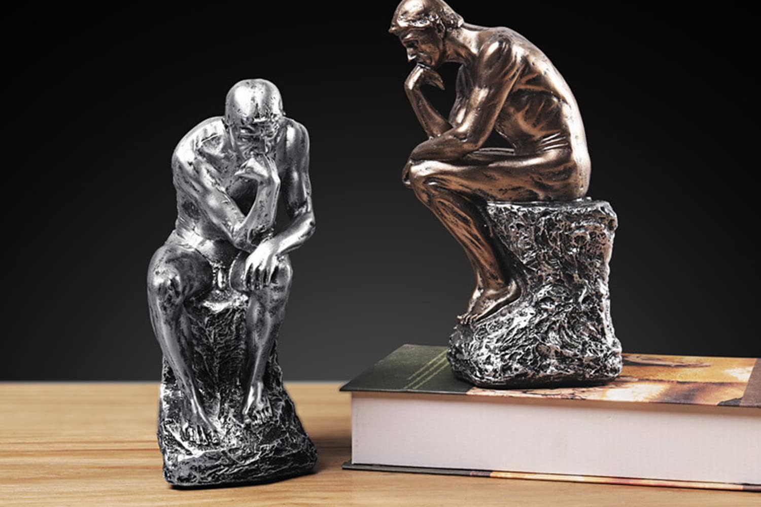 Thinker Statue in Premium Cold Cast Retro Bronze- 9.64-Inch Premium Grade Collectible Figurine Design Rodin's The Thinker Inspired Decorative Statue, 5.51''Lx4.13''Wx9.64''H (Silver)-3