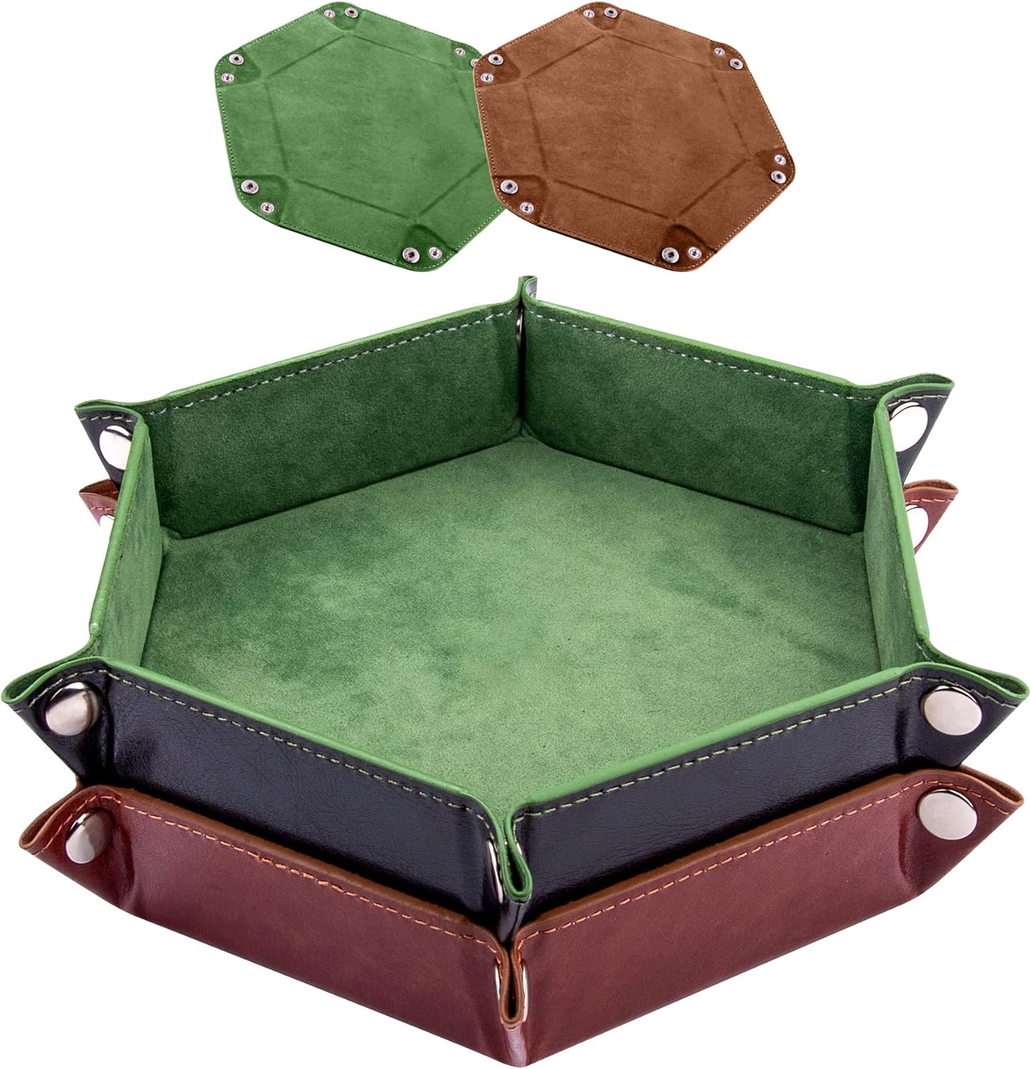 SIQUK 2 Pieces Dice Tray PU Leather Dice Trays Portable Folding Hexagon Dice Roller Tray for Dice Games Like RPG, DND and Other Table Games (Green, Camel)-0