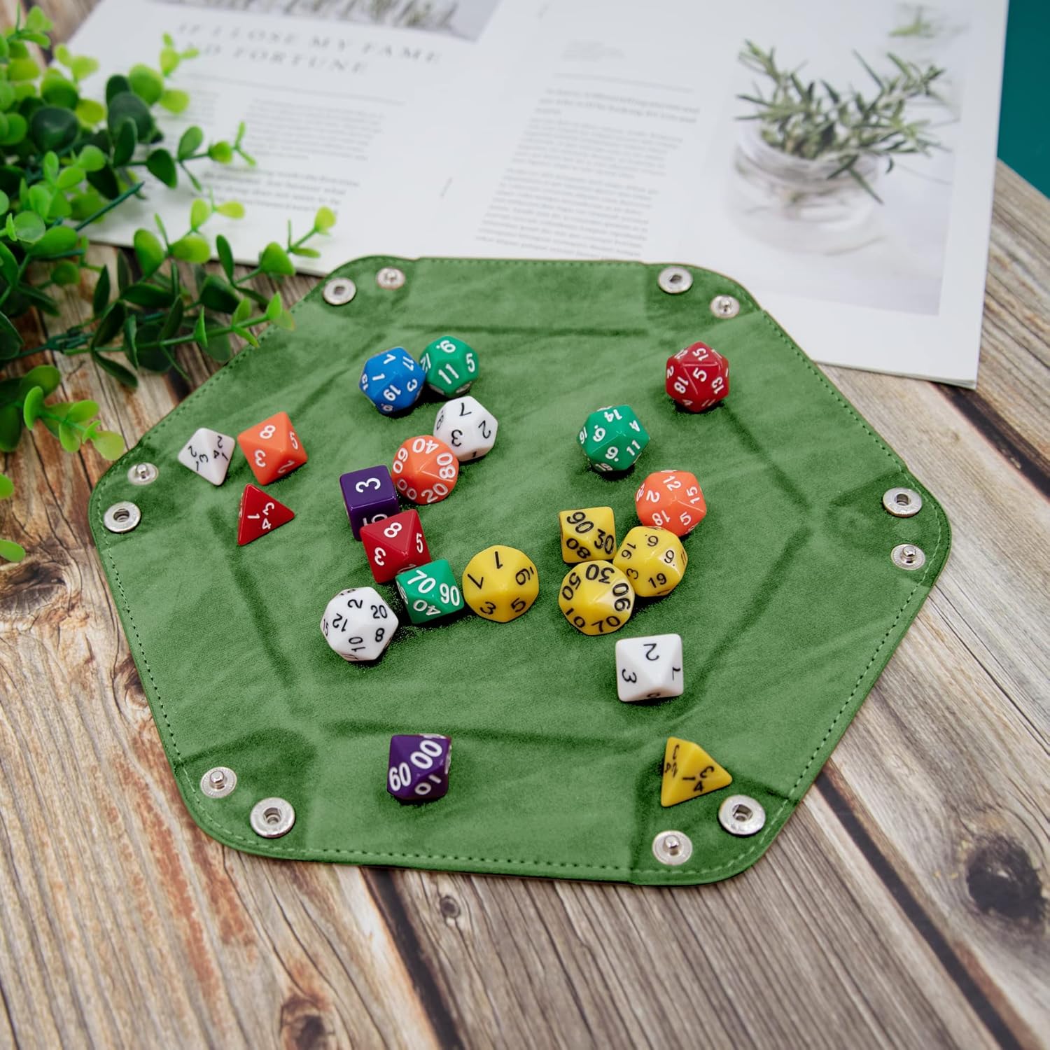 SIQUK 2 Pieces Dice Tray PU Leather Dice Trays Portable Folding Hexagon Dice Roller Tray for Dice Games Like RPG, DND and Other Table Games (Green, Camel)-3