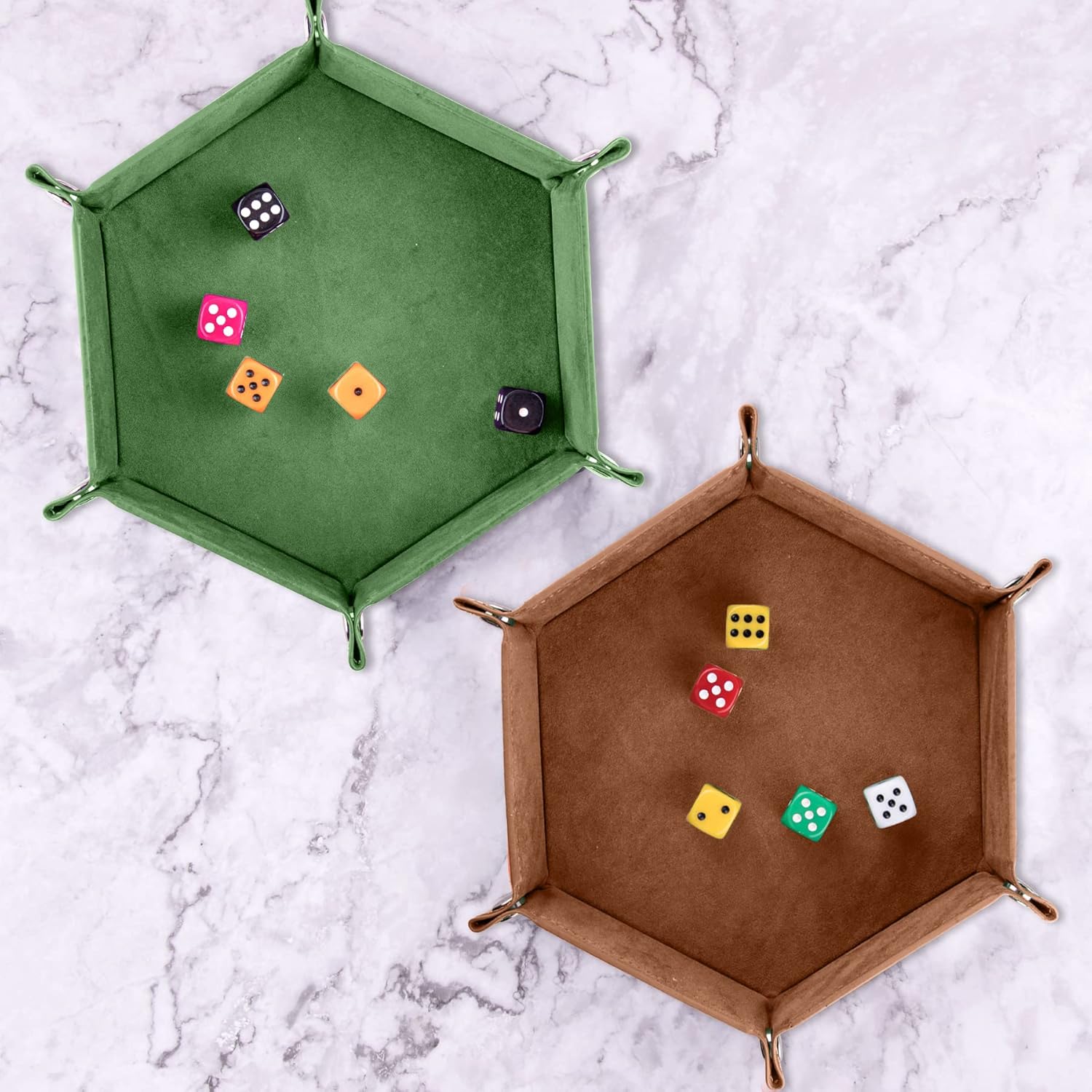 SIQUK 2 Pieces Dice Tray PU Leather Dice Trays Portable Folding Hexagon Dice Roller Tray for Dice Games Like RPG, DND and Other Table Games (Green, Camel)-5