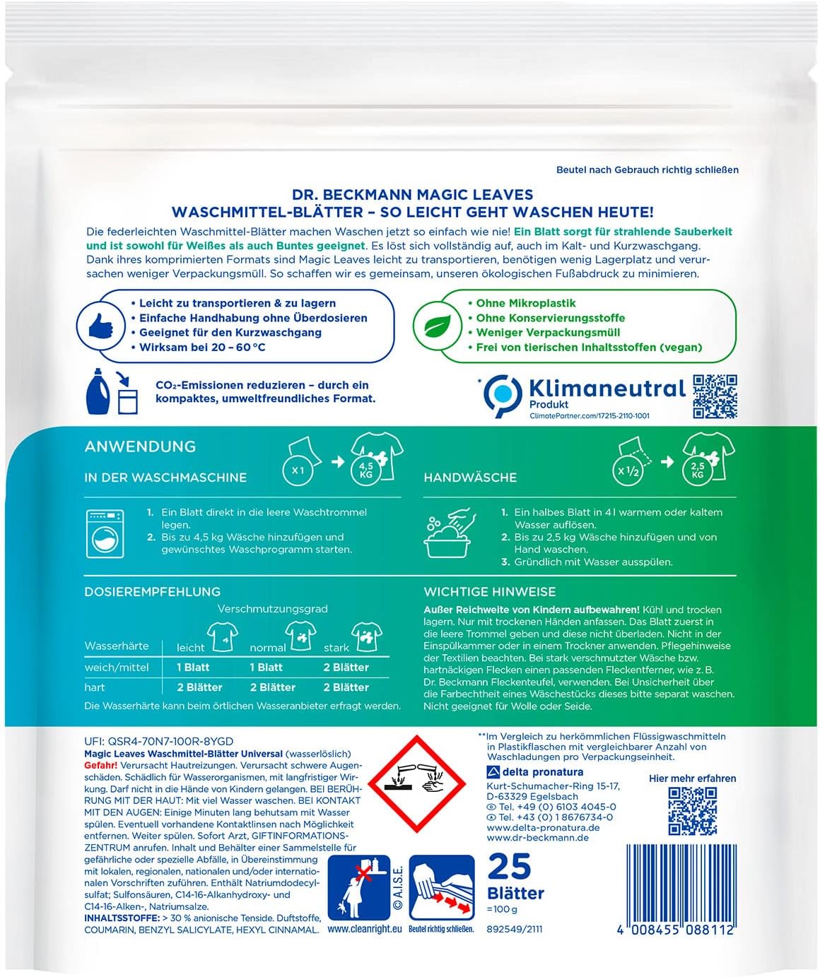 Dr. Beckmann Magic Leaves Universal Detergent Sheets, Pre-Dosed and Water-Soluble Wash Sheets, Space-Saving and Easy to Use-1