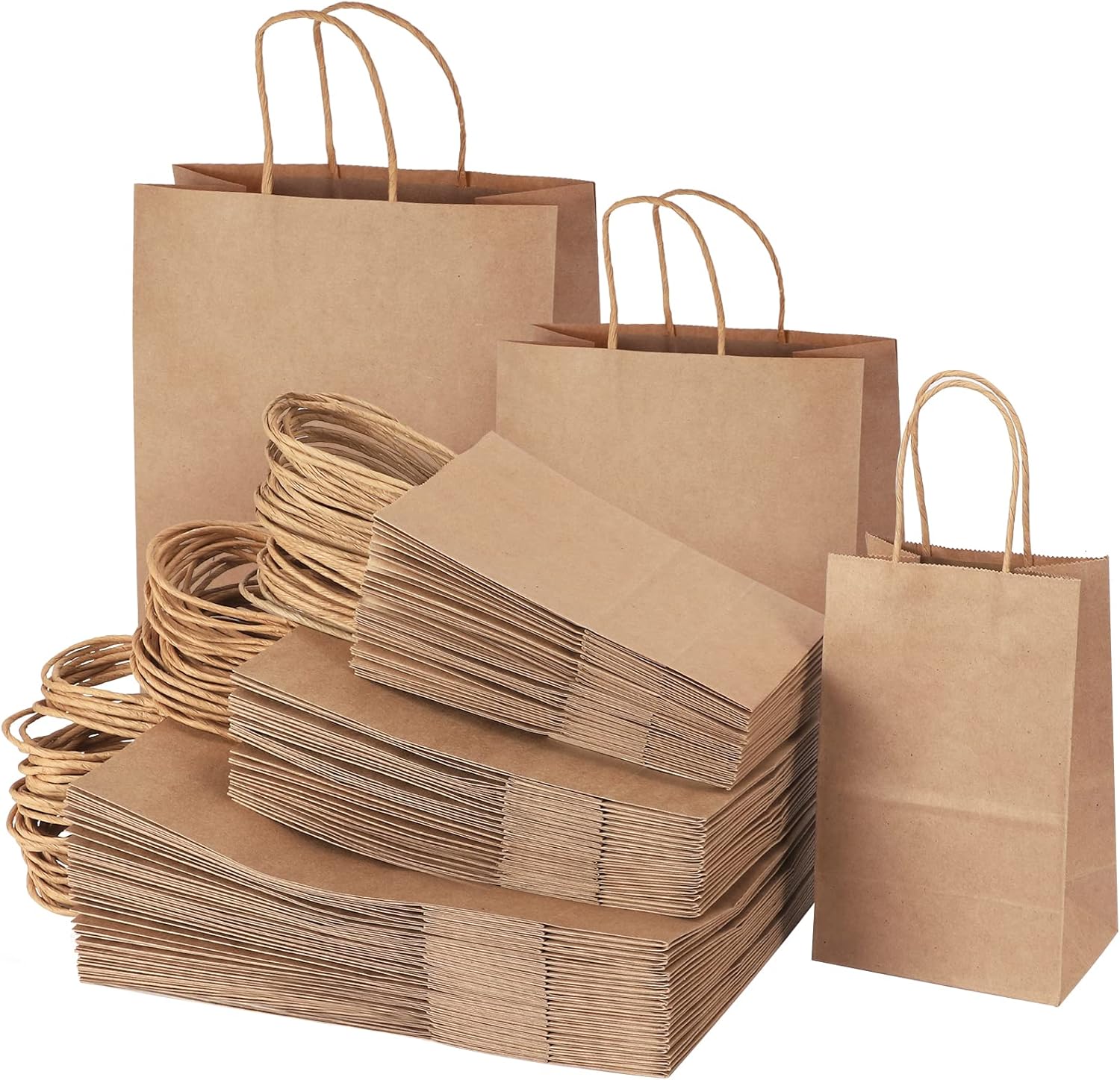 TOMNK 120pcs Brown Paper Bags with Handles Assorted Sizes Mixed Sizes Bulk Kraft Paper Gift Merchandise Bags for Business, Shopping, Retail-0