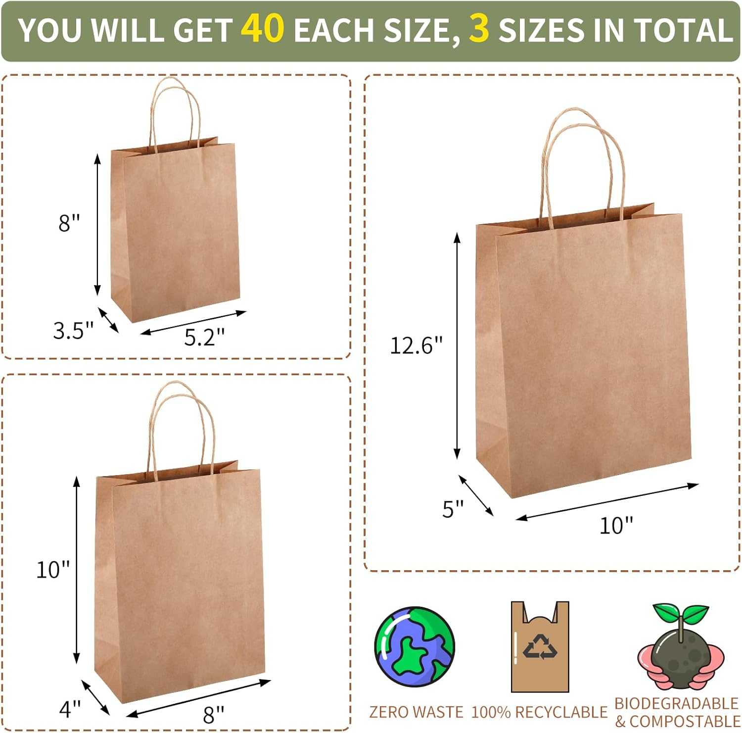 TOMNK 120pcs Brown Paper Bags with Handles Assorted Sizes Mixed Sizes Bulk Kraft Paper Gift Merchandise Bags for Business, Shopping, Retail-1